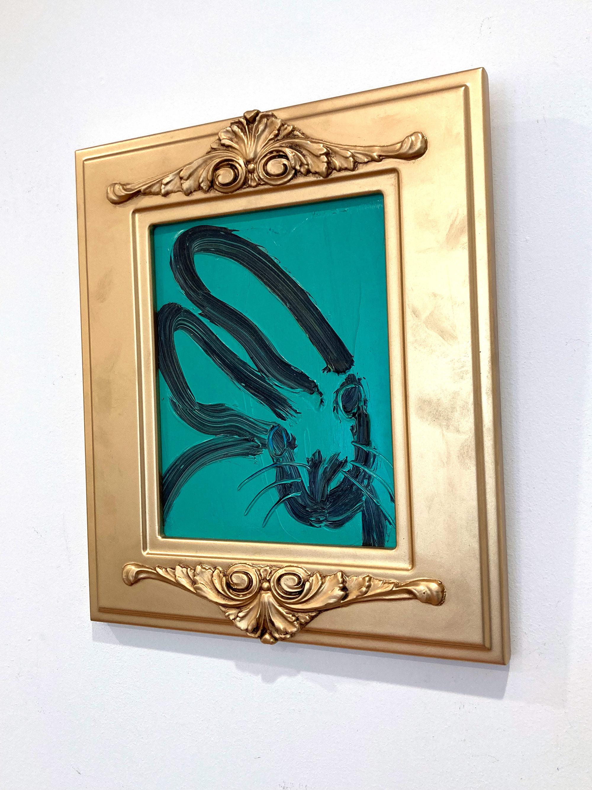 Untitled Black Outline Bunny on Persian Green Ölgemälde auf Holzplatte Gerahmt im Angebot 11