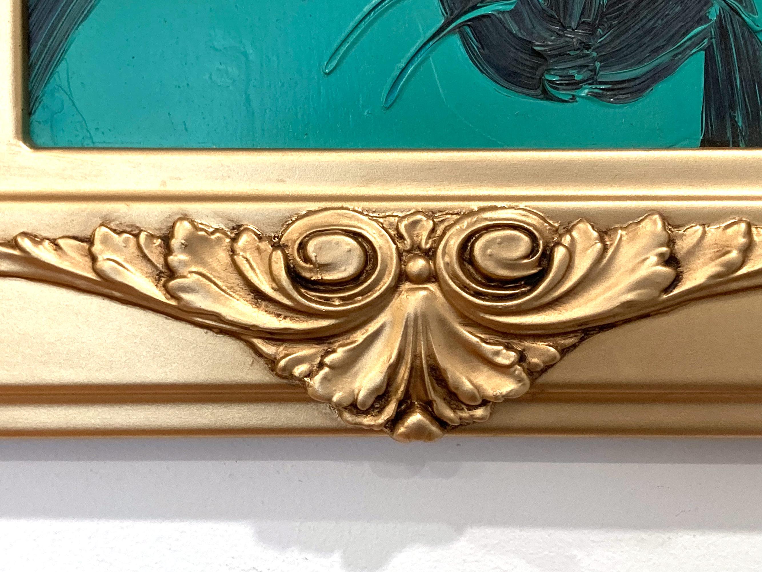 Untitled Black Outline Bunny on Persian Green Ölgemälde auf Holzplatte Gerahmt im Angebot 2