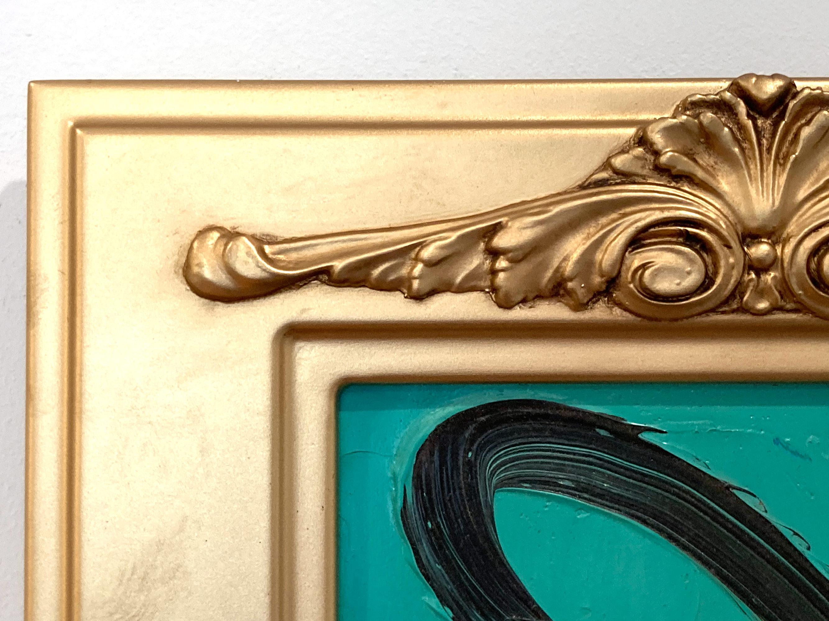 Untitled Black Outline Bunny on Persian Green Ölgemälde auf Holzplatte Gerahmt im Angebot 3