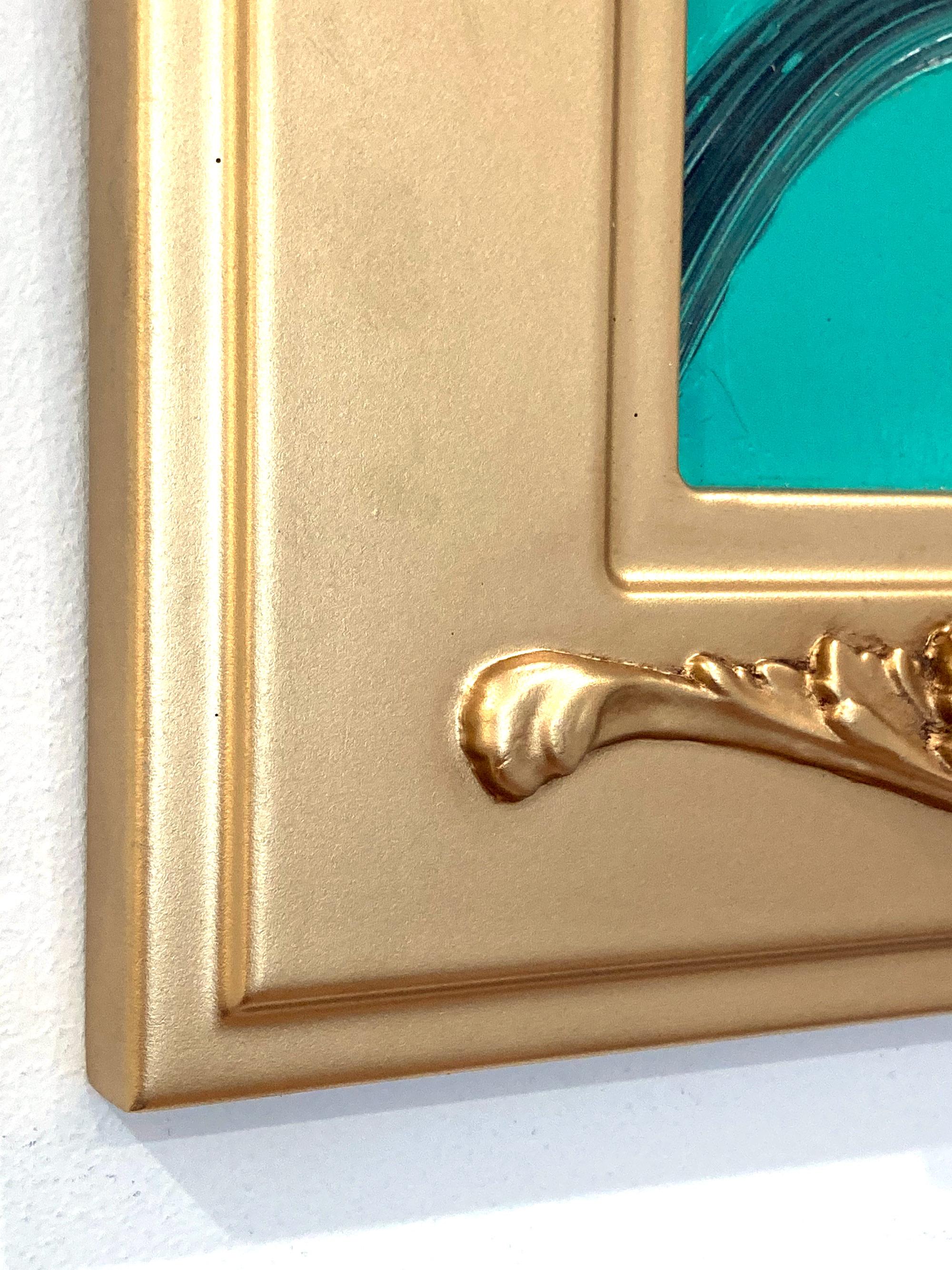 Untitled Black Outline Bunny on Persian Green Ölgemälde auf Holzplatte Gerahmt im Angebot 4