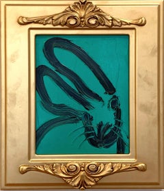 Untitled Black Outline Bunny on Persian Green Oil Painting on Wood Panel Framed