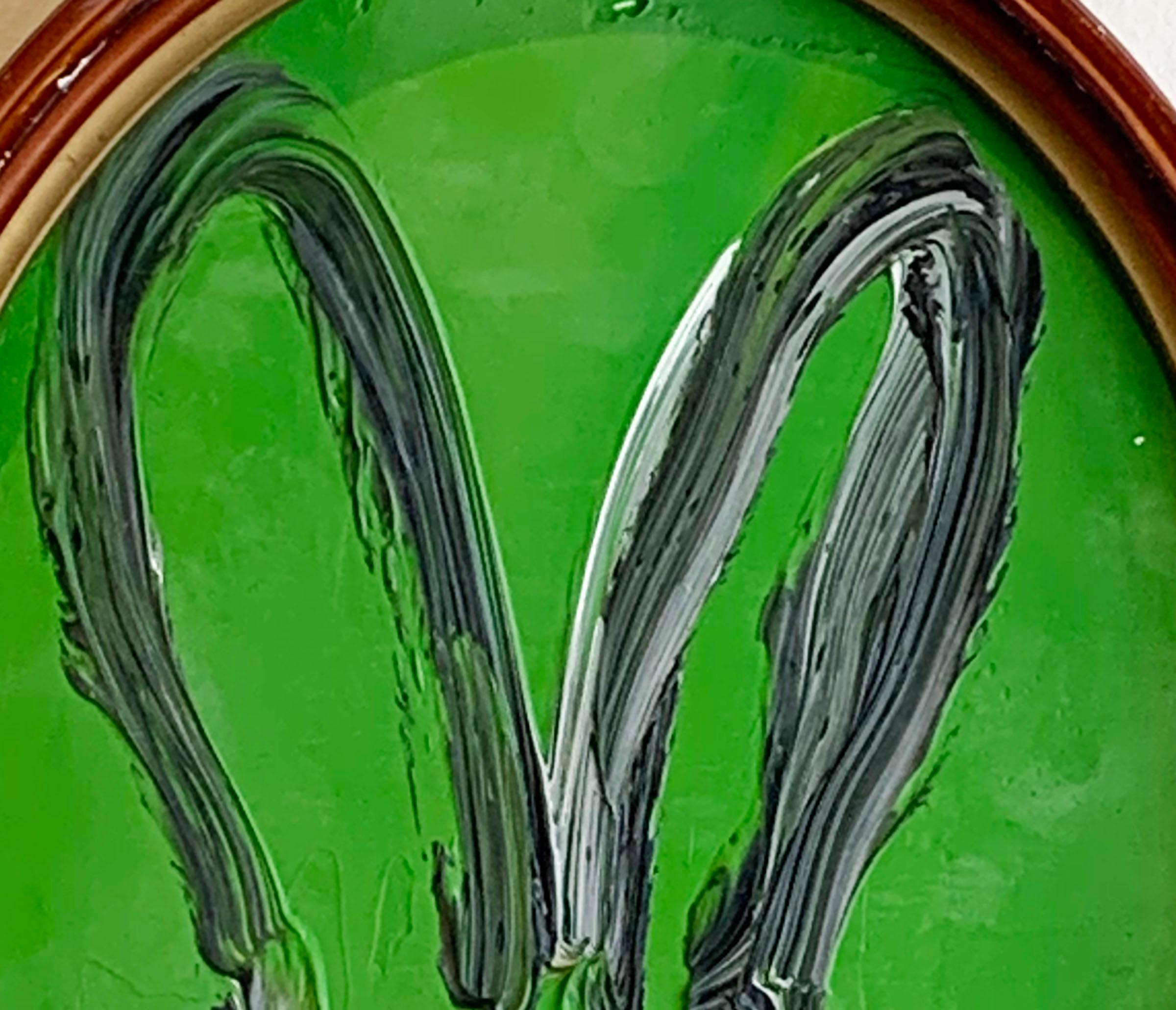 Untitled (black outline on green oval bunny portrait) - Painting by Hunt Slonem