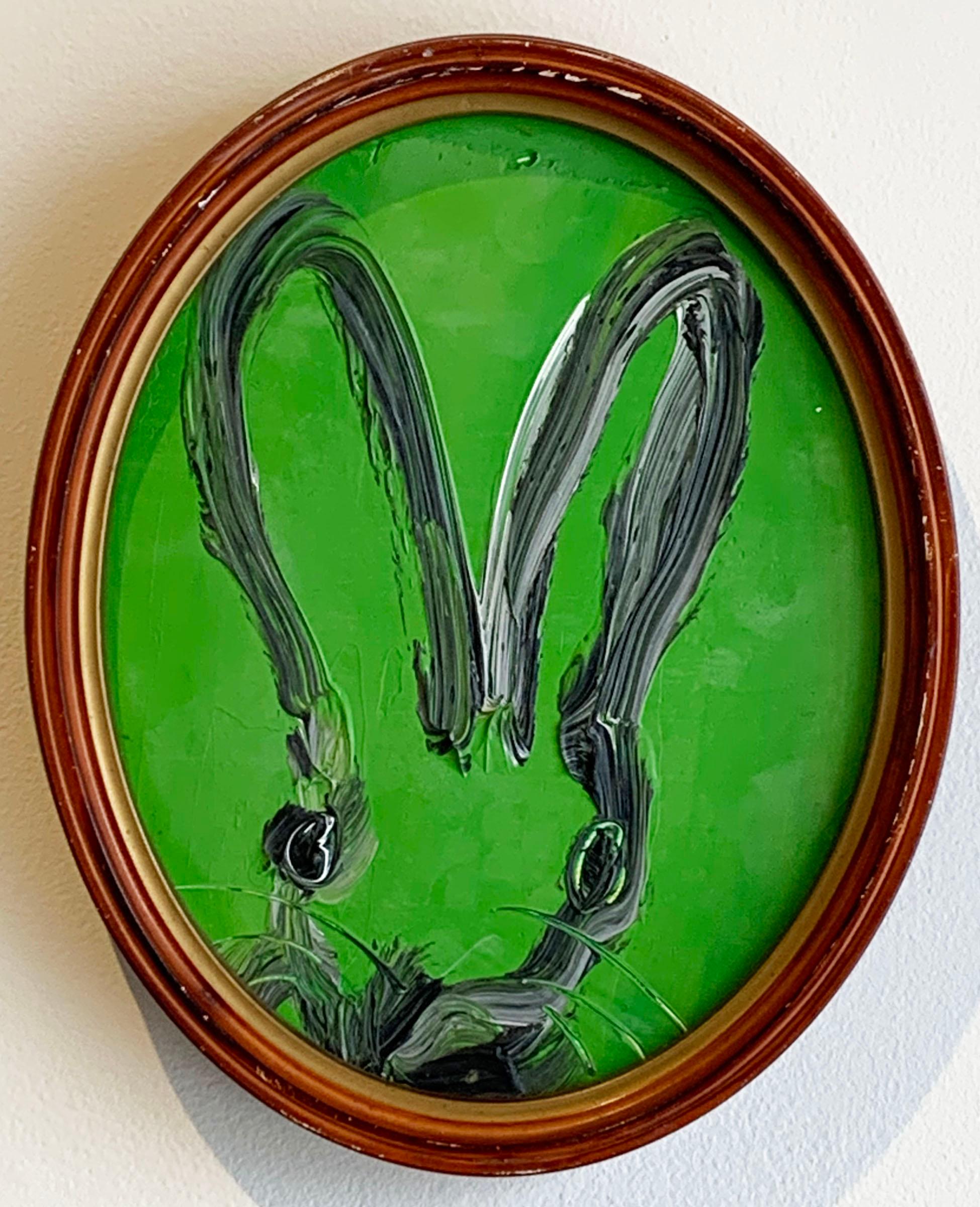 Hunt Slonem Animal Painting - Untitled (black outline on green oval bunny portrait)