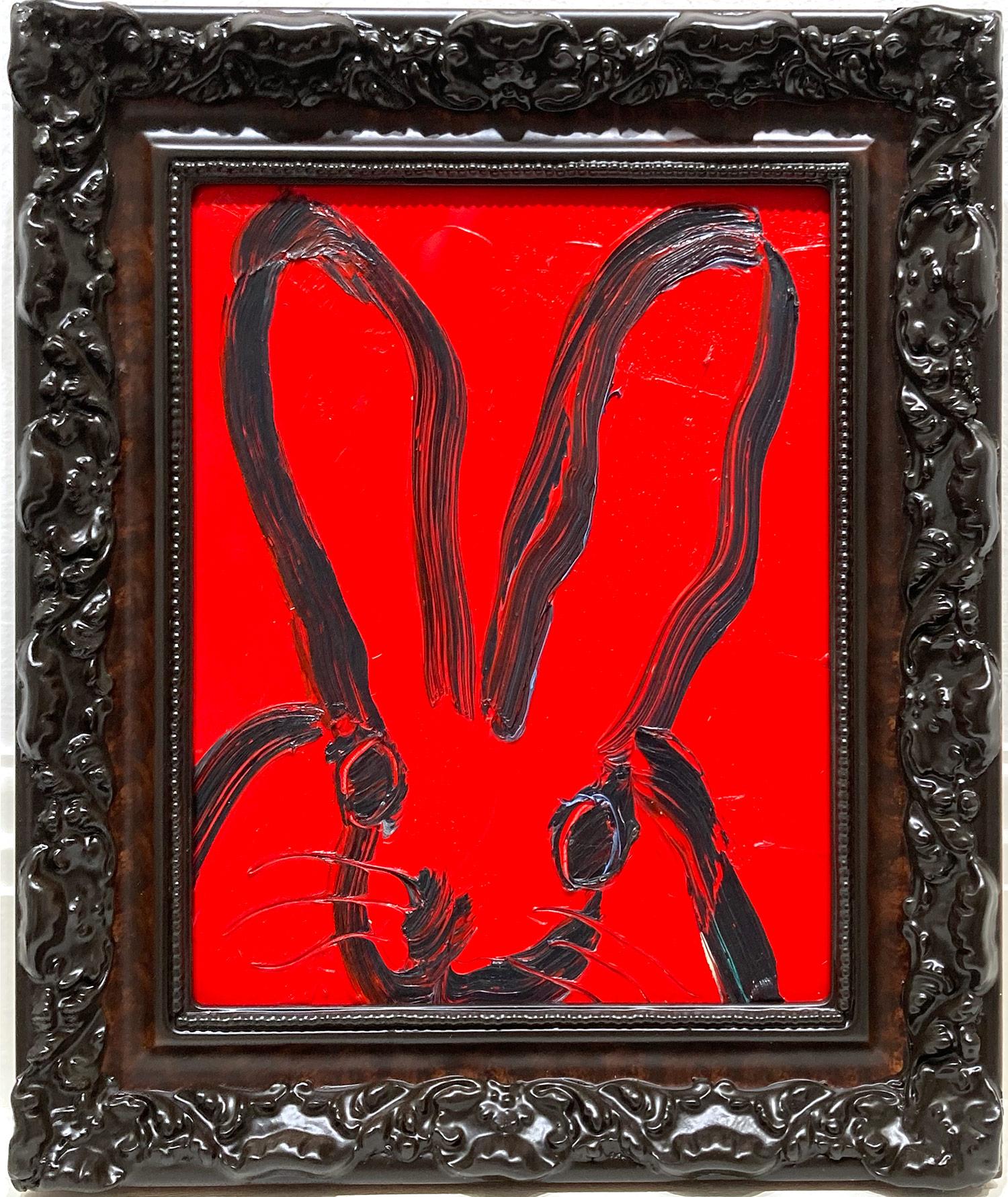 Hunt Slonem Abstract Painting - "Untitled" Black Outlined Bunny on Candy Apple Red Background with Frame