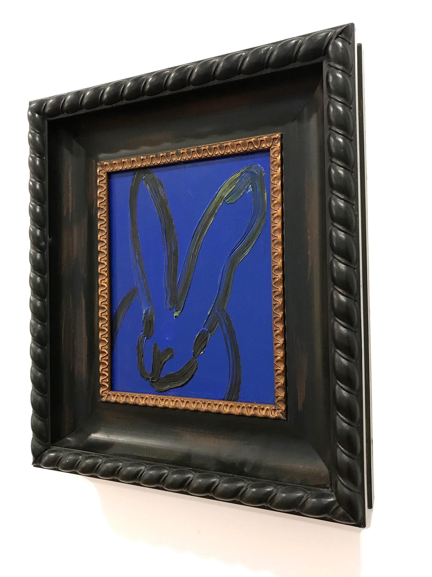 Untitled (Black Outlined Bunny on Midnight Blue Background) Oil on Wood Panel - Painting by Hunt Slonem