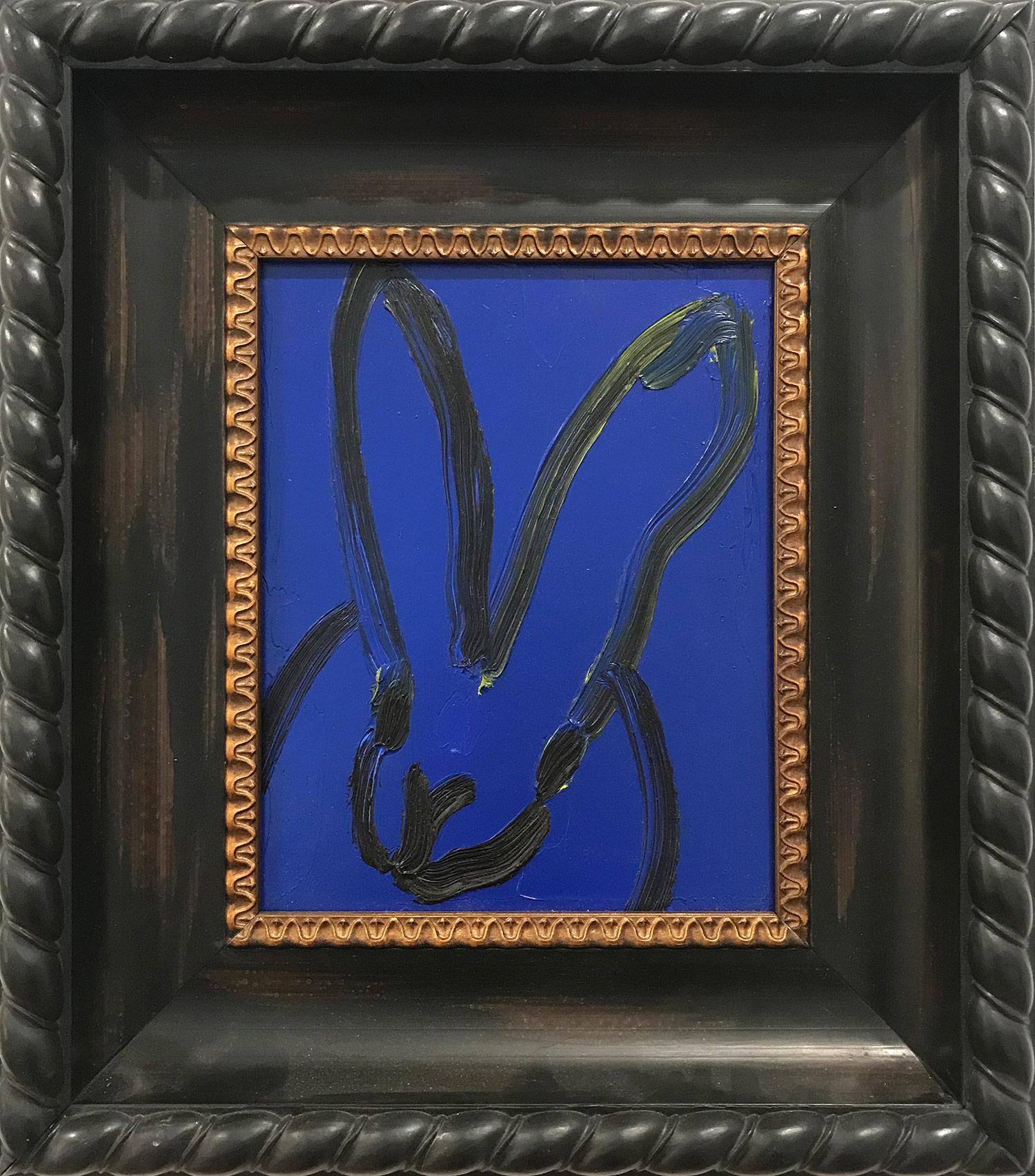 Hunt Slonem Animal Painting - Untitled (Black Outlined Bunny on Midnight Blue Background) Oil on Wood Panel