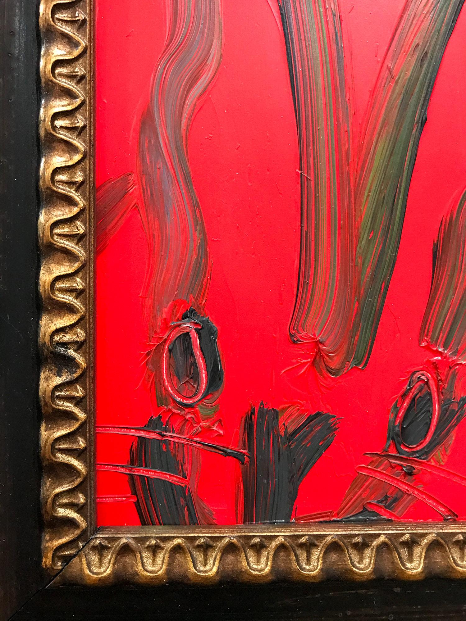 A wonderful composition of one of Slonem's most iconic subjects, Bunnies. This piece depicts a gestural figure of a black bunny on a Scarlet Red background with thick use of paint. It is housed in a wonderful Gothic style frame. Inspired by nature
