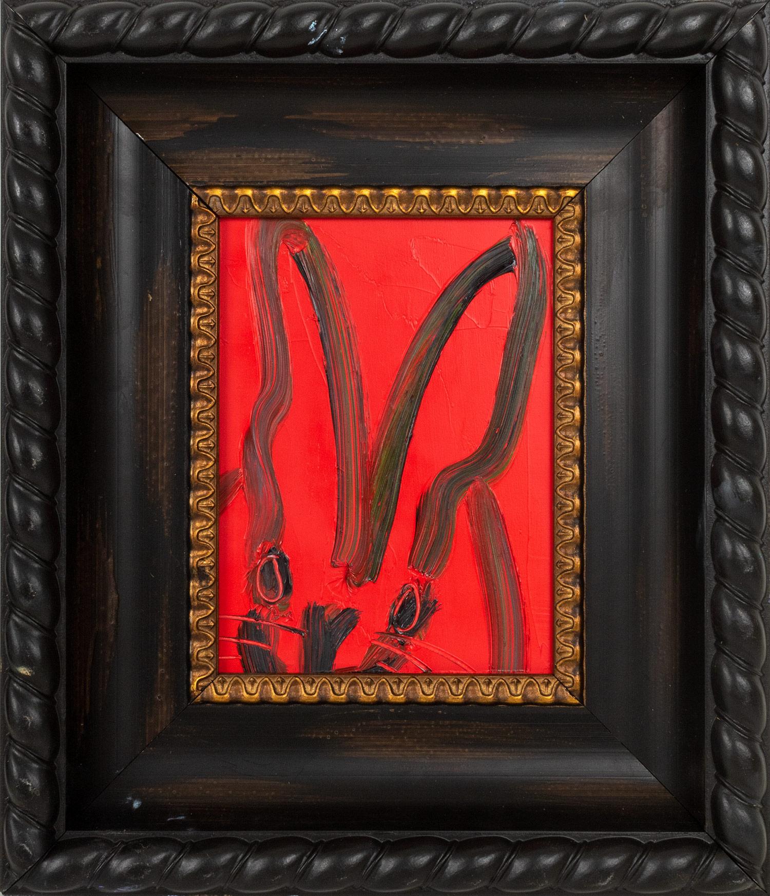 Hunt Slonem Animal Painting - "Untitled" (Black Outlined Bunny on Scarlet Red Background)