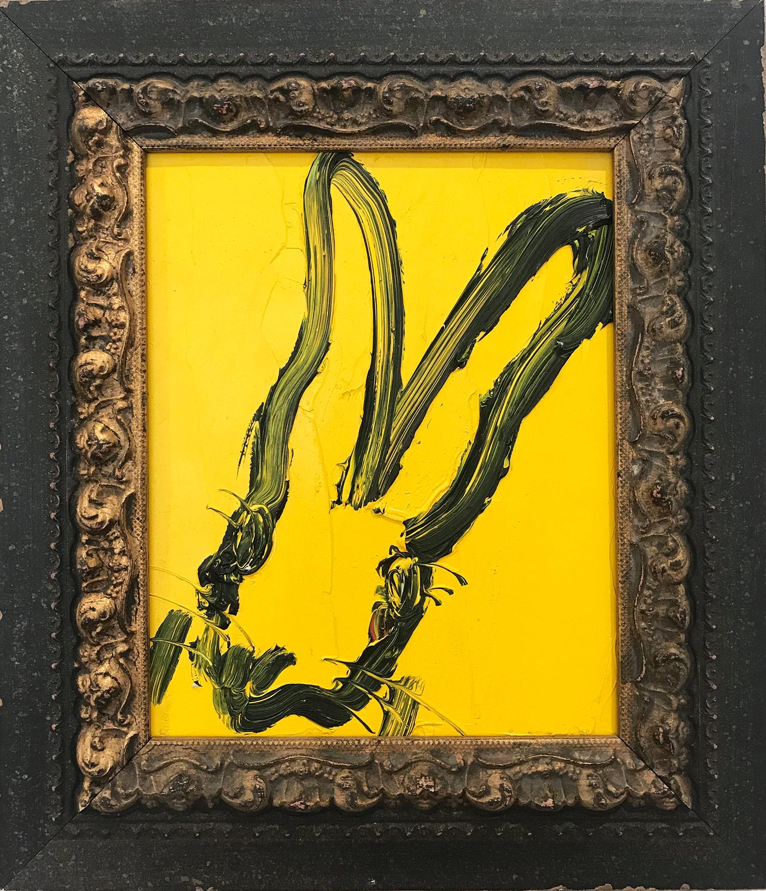 "Untitled" (Black Outlined Bunny on Yellow) Oil Painting on Wood Panel