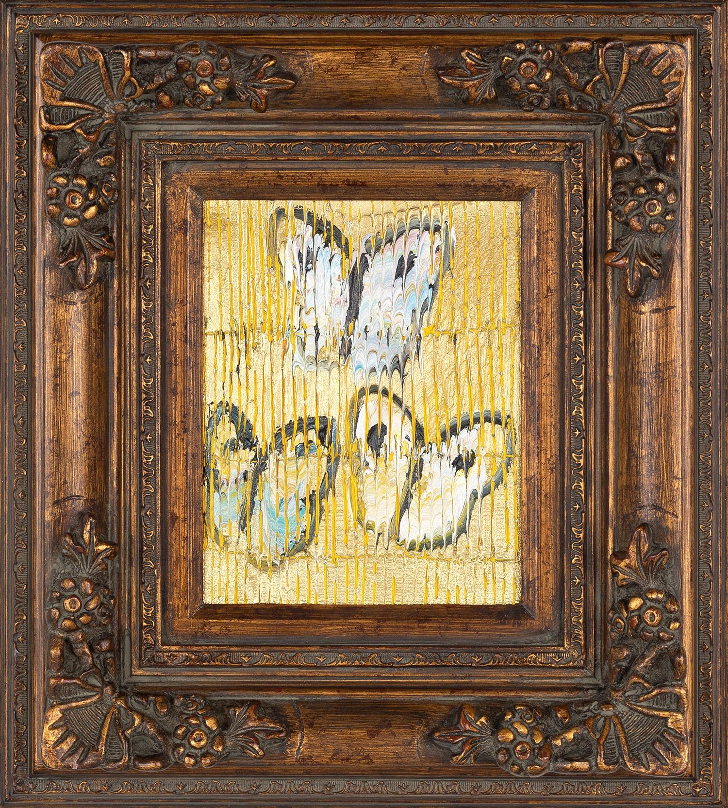 Hunt Slonem Animal Painting - "Untitled" (Black, Pink, Blue Butterflies on Metallic Gold with Yellow Scoring)