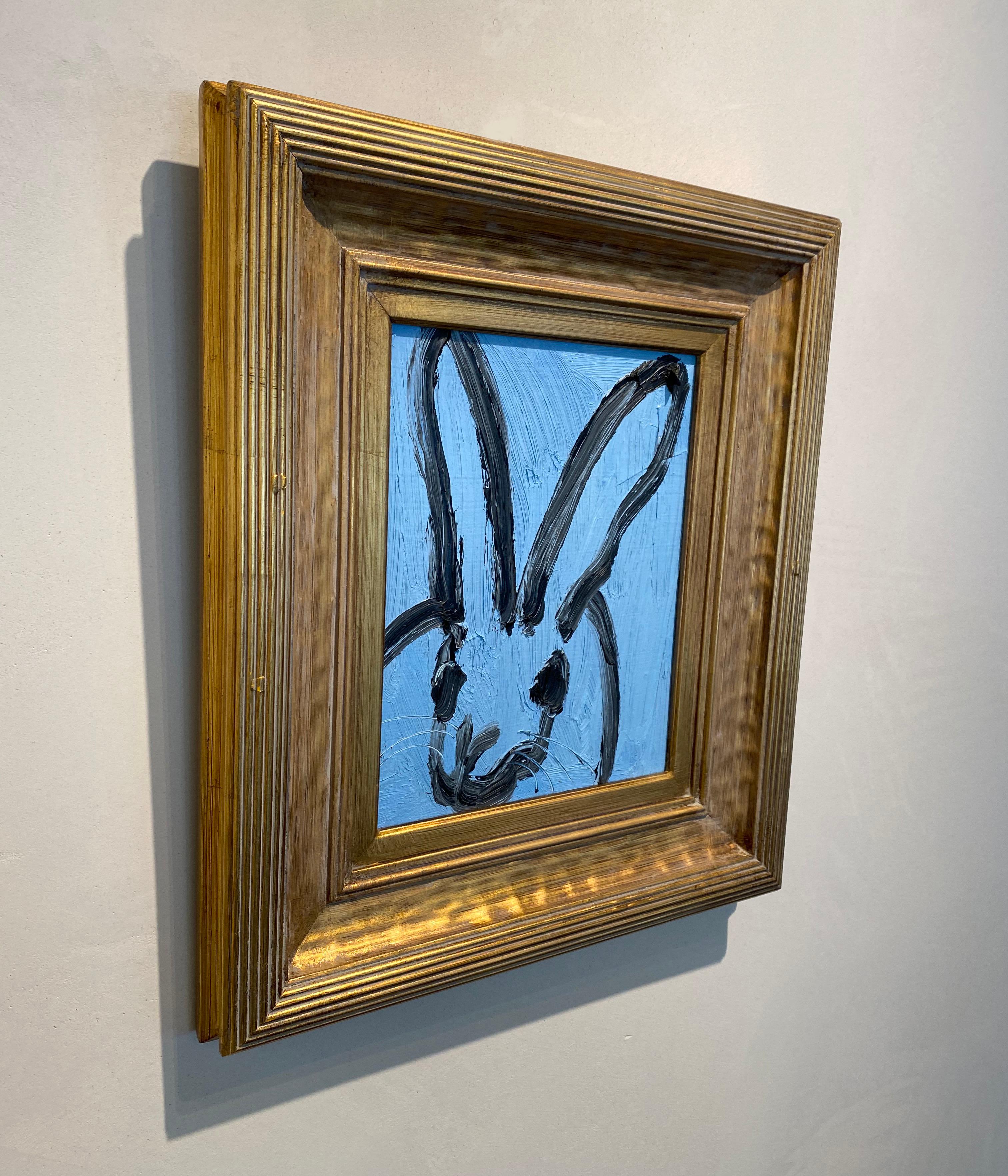 Painting size: 10 x 8 inches 
Frame size: 16 x 14 inches
This light blue bunny demonstrates Hunt Slonem's  neo-expressionist style. Framed in a vintage frame.   These layered, and thickly painted smaller pieces exemplify his vivid and exuberant