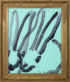 Untitled Bunnies - gestural blue bunnies in oil on wood with vintage frame