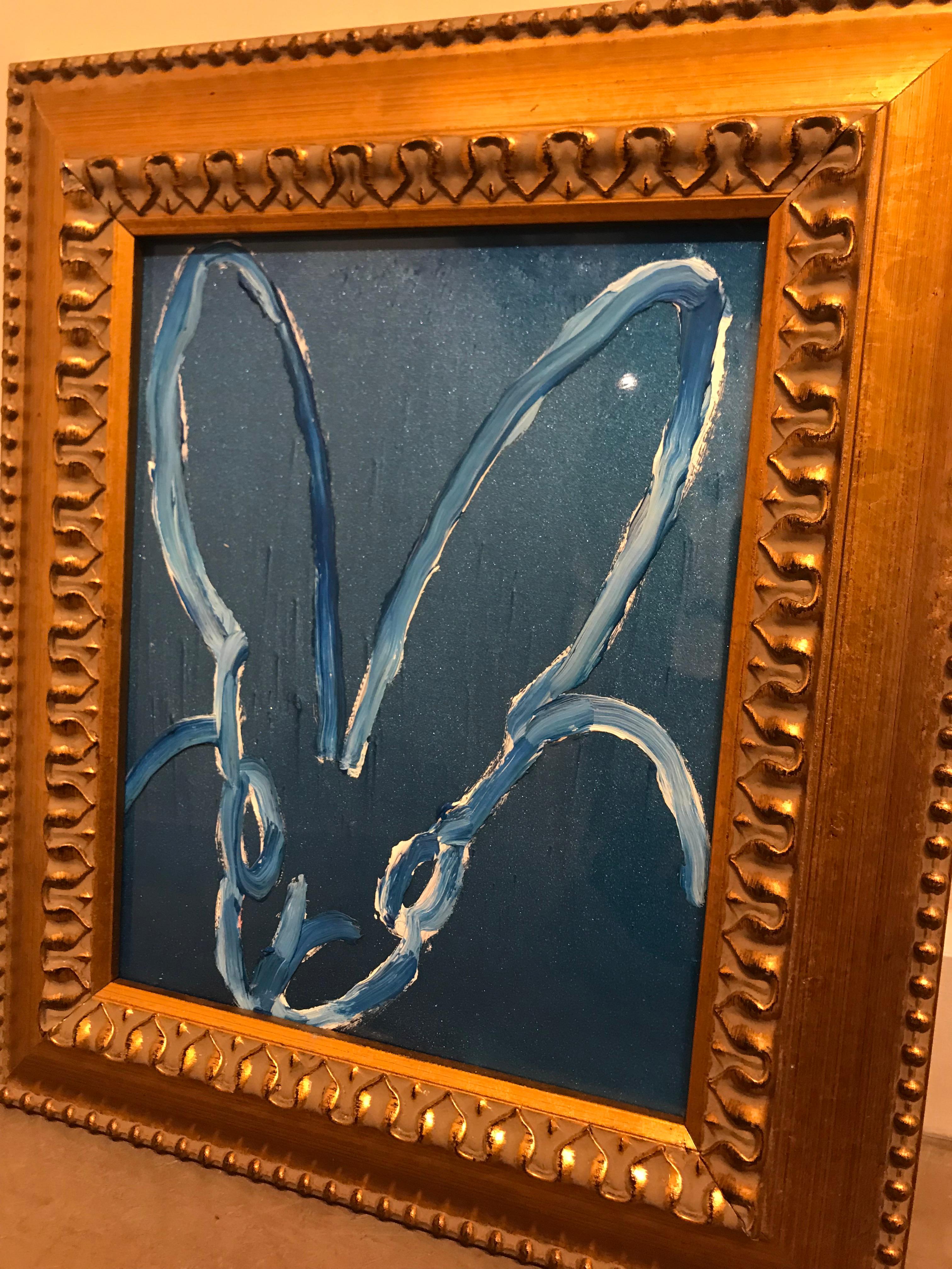 Untitled  Bunny -framed blue high gloss pearl oil painting with resin - Painting by Hunt Slonem