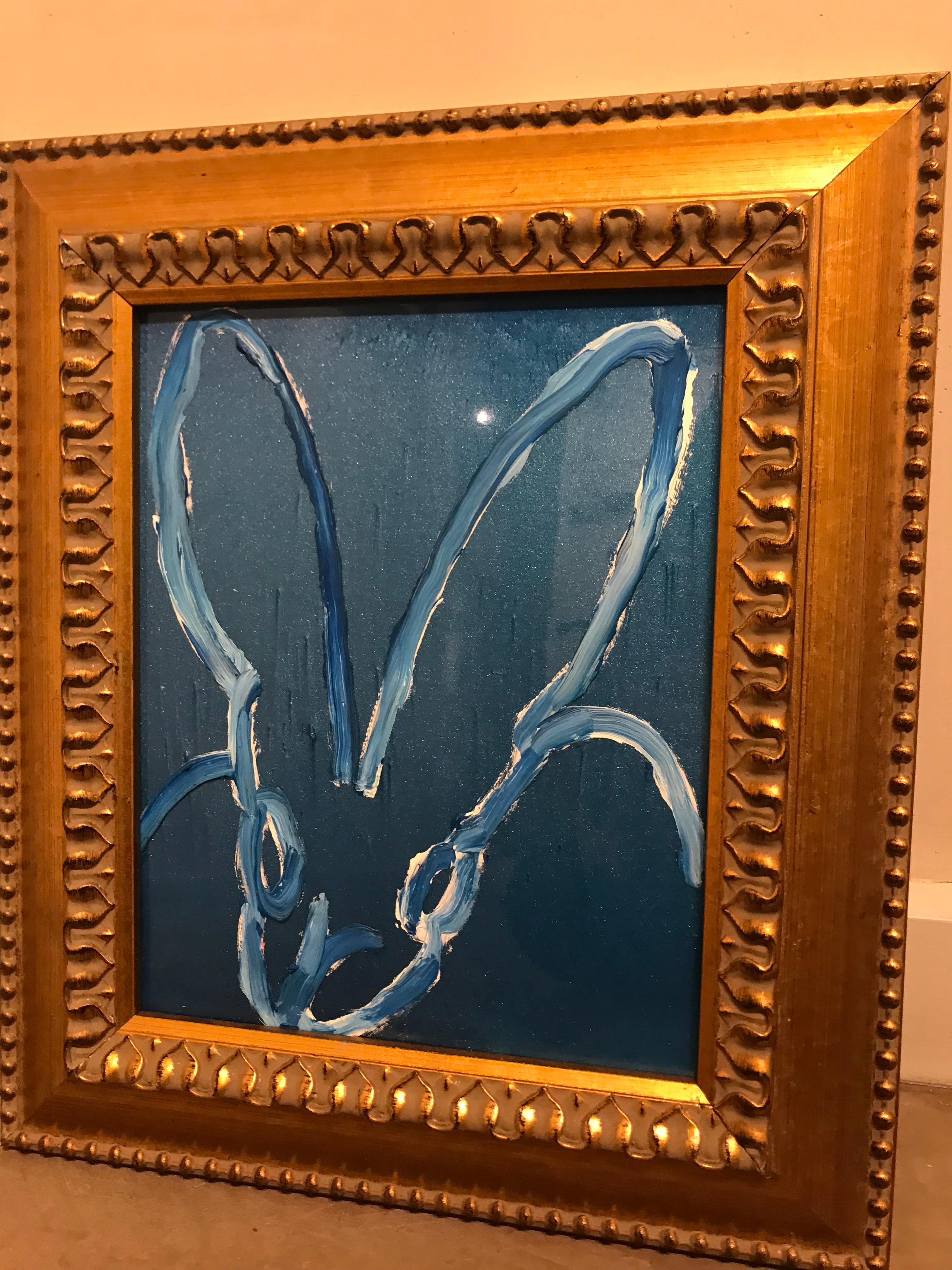 Untitled  Bunny -framed blue high gloss pearl oil painting with resin - Neo-Expressionist Painting by Hunt Slonem