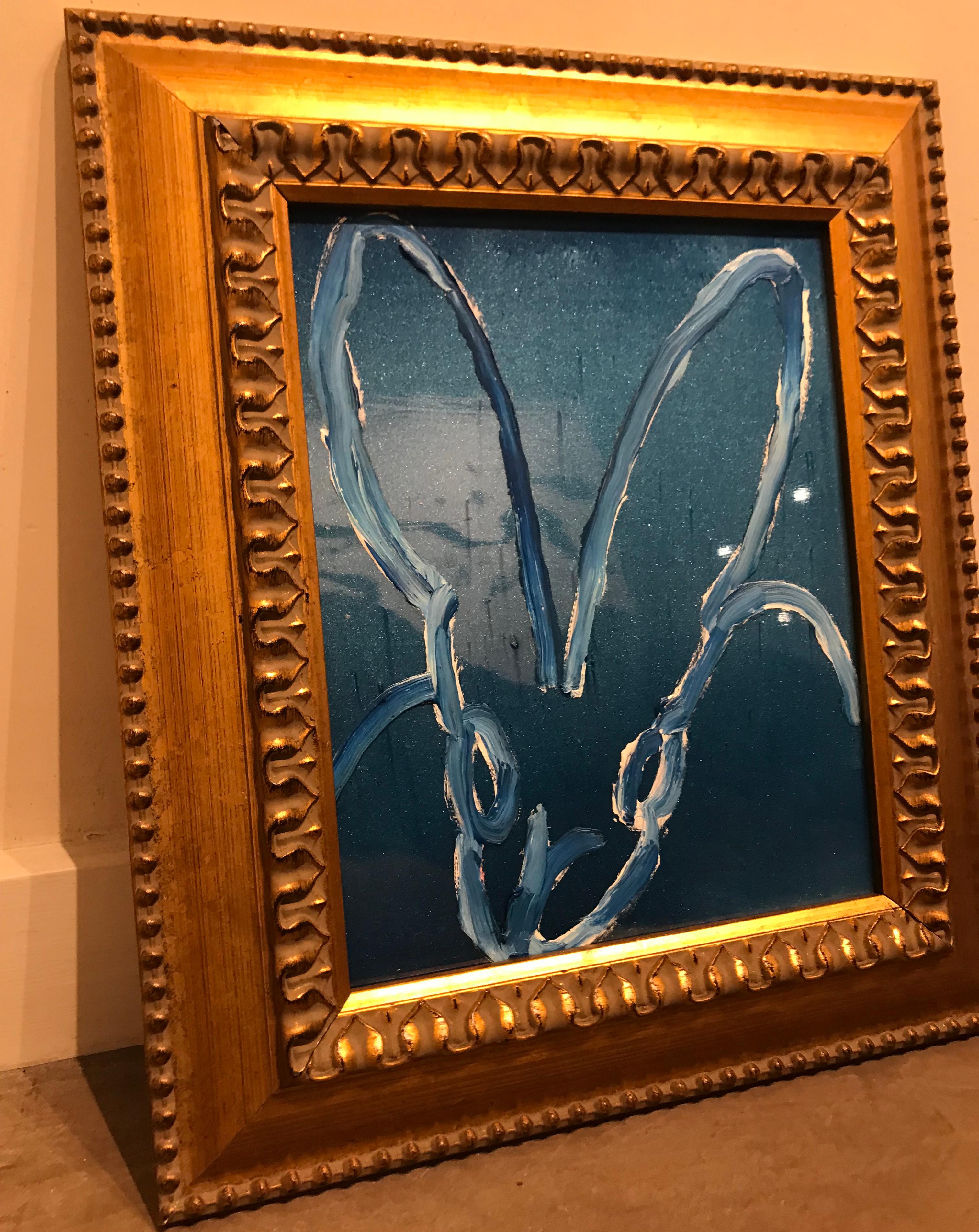 Untitled  Bunny -framed blue high gloss pearl oil painting with resin - Brown Animal Painting by Hunt Slonem