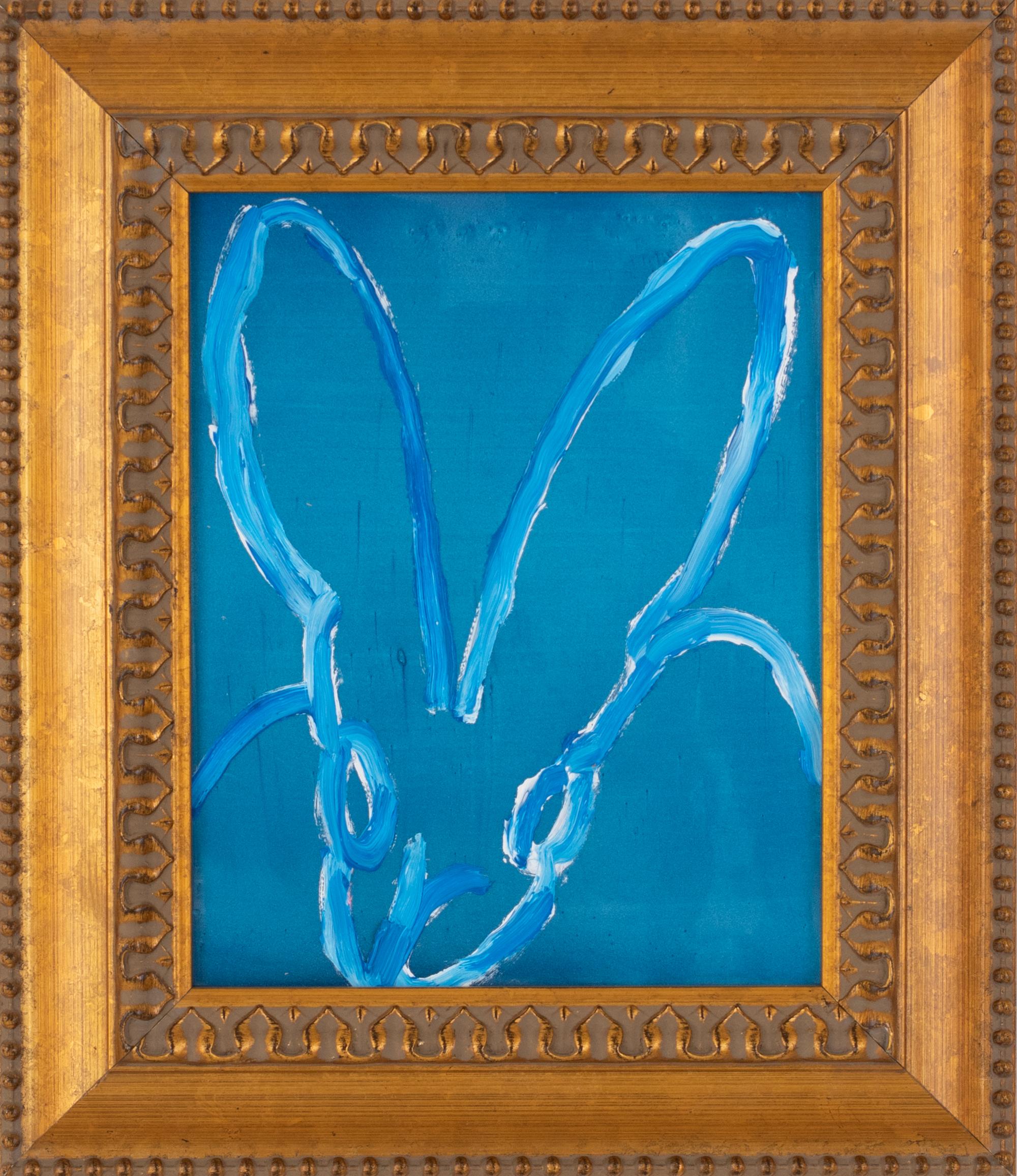 Hunt Slonem Animal Painting - Untitled  Bunny -framed blue high gloss pearl oil painting with resin