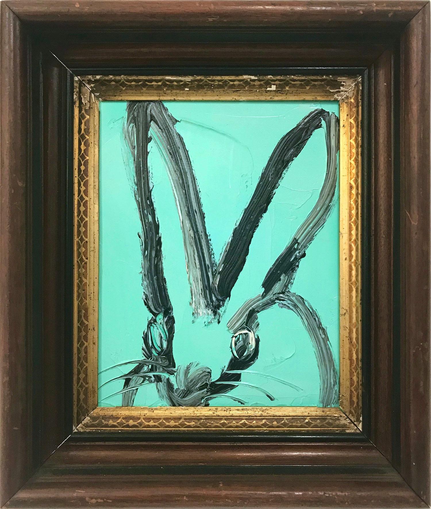 Hunt Slonem Animal Painting - "Untitled" (Bunny on Aqua Blue) Oil Painting on Wood Panel