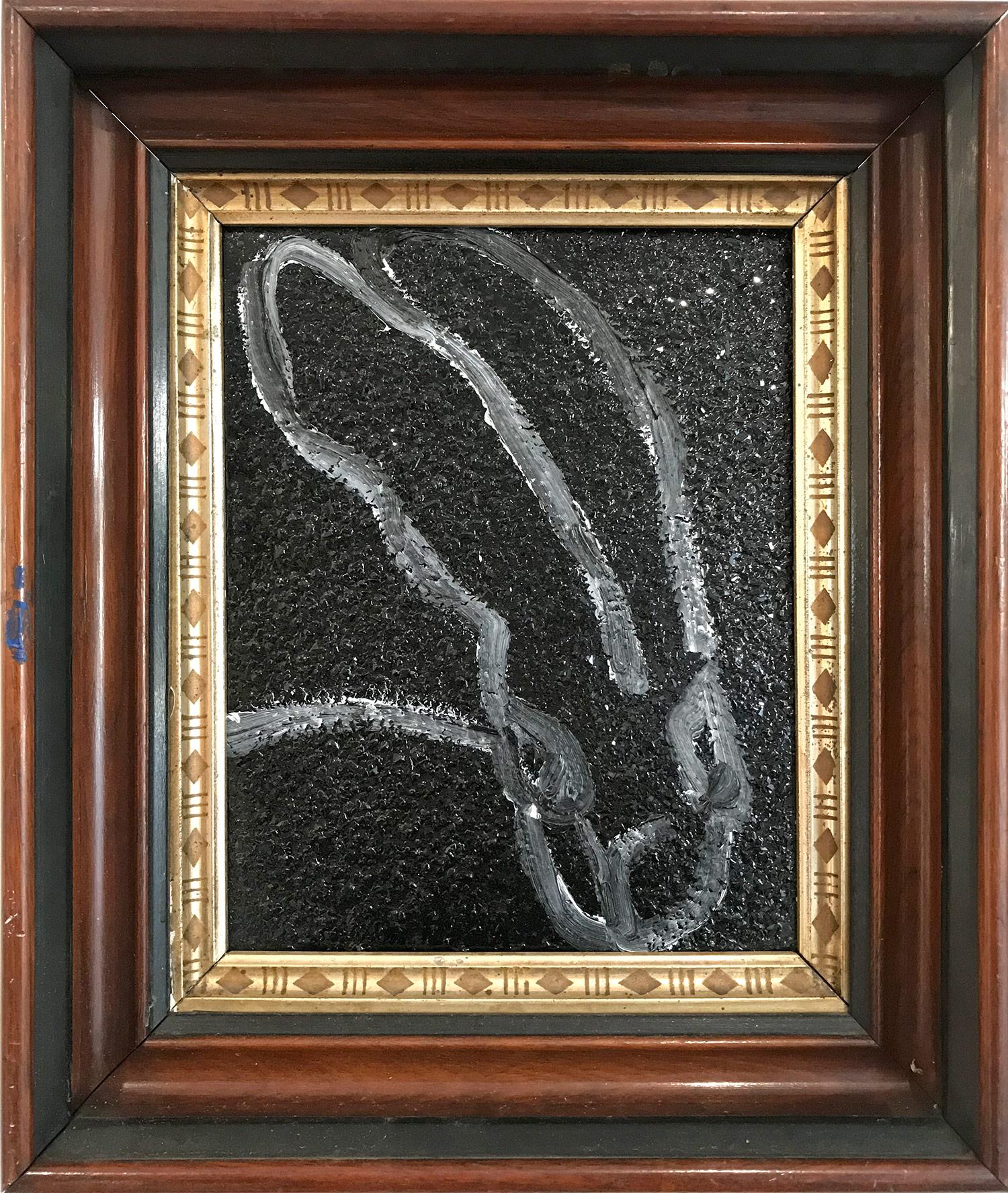 Hunt Slonem Abstract Painting - "Marnie" (Bunny on Black Diamond Dust) Oil Mixed Media Painting on Wood Panel