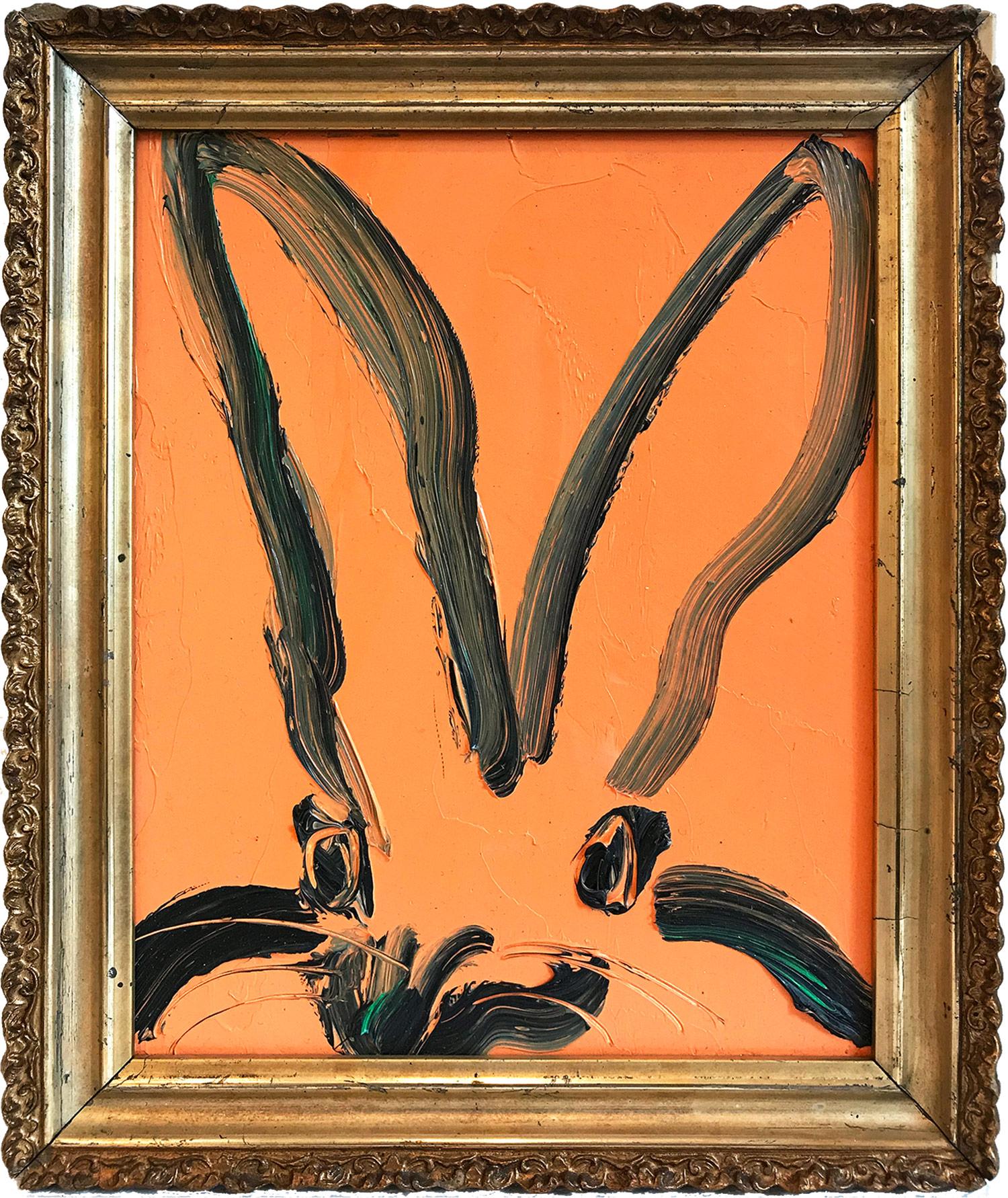 Hunt Slonem Animal Painting - "Untitled (Bunny on Coral Orange)" Oil Painting on Wood Panel