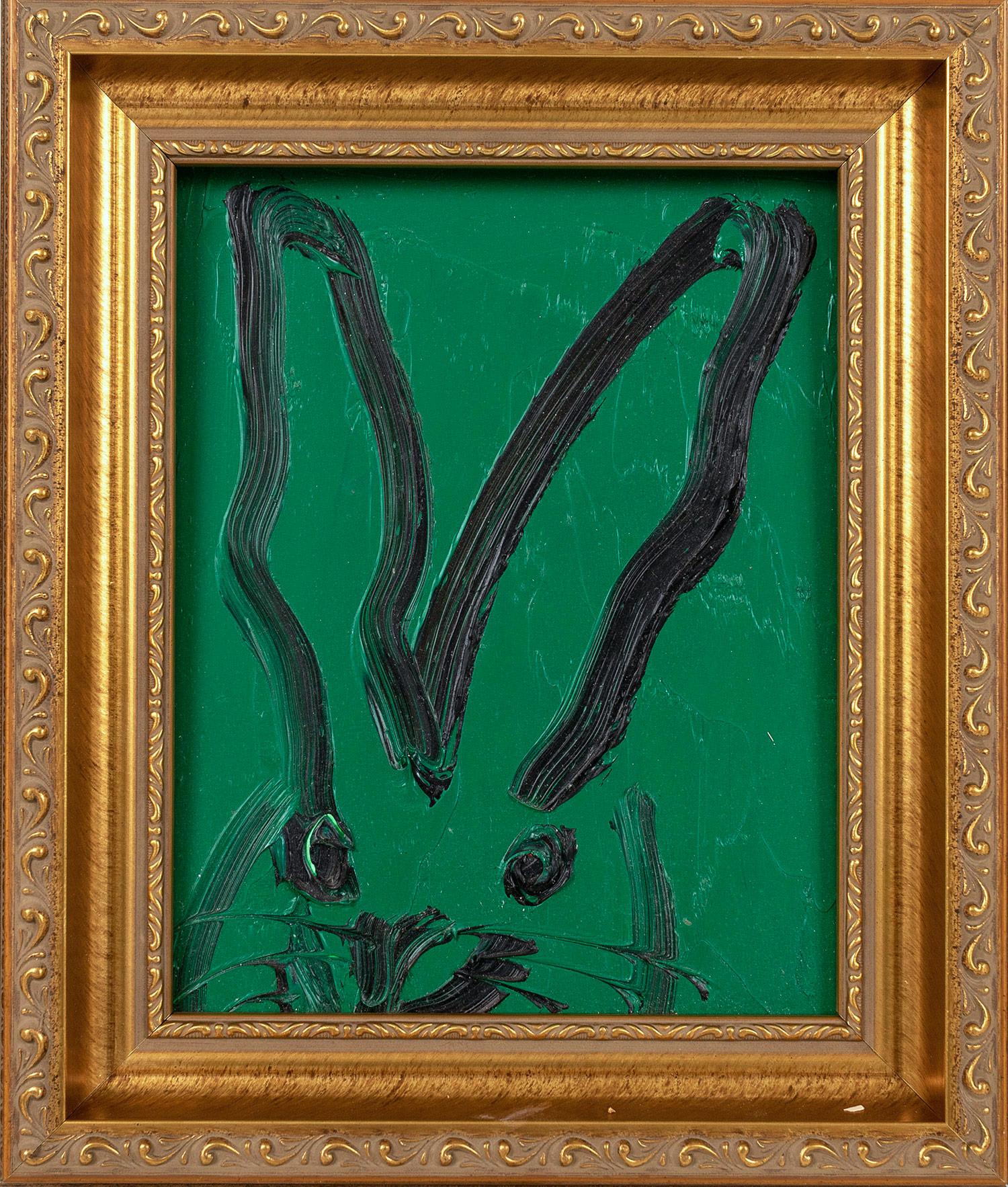 Hunt Slonem Abstract Painting - "Untitled" (Bunny on Green Background) Oil Painting on Wood Panel