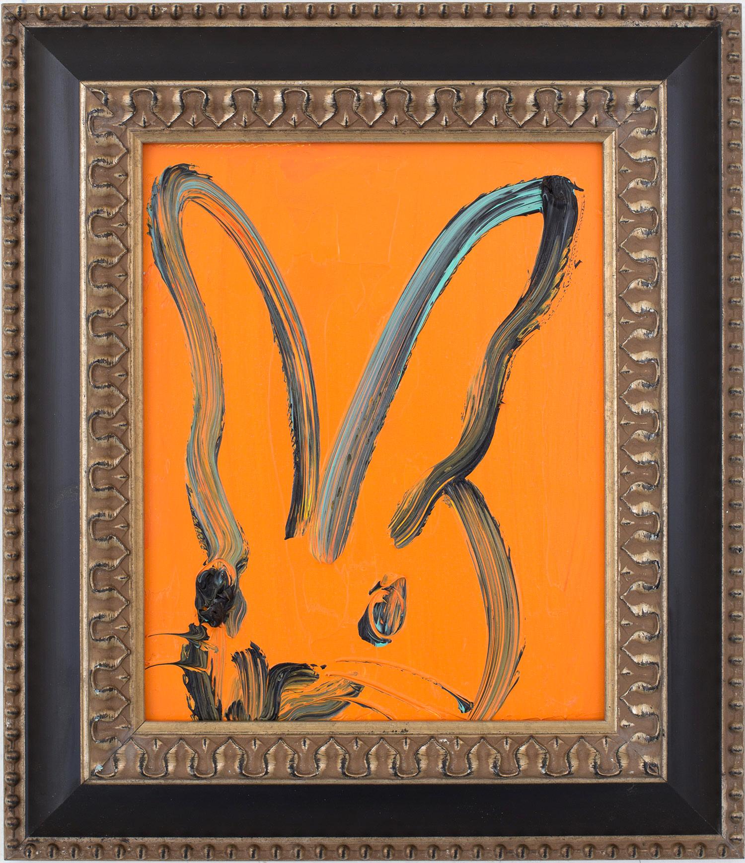 Hunt Slonem Animal Painting - "Untitled (Bunny on Hot Orange)" Oil Painting on Wood Panel