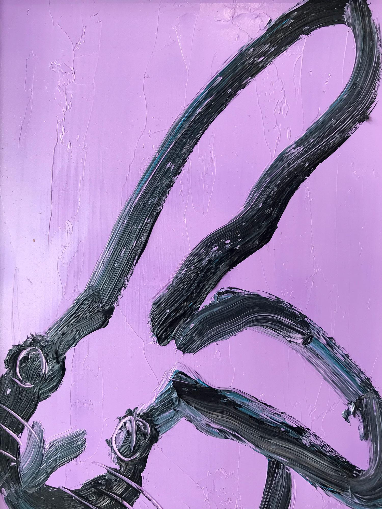 A wonderful composition of one of Slonem's most iconic subjects, Bunnies. This piece depicts a gestural figure of a black bunny on a Purple Lavender background with thick use of paint. It is housed in a wonderful antique frame. Inspired by nature