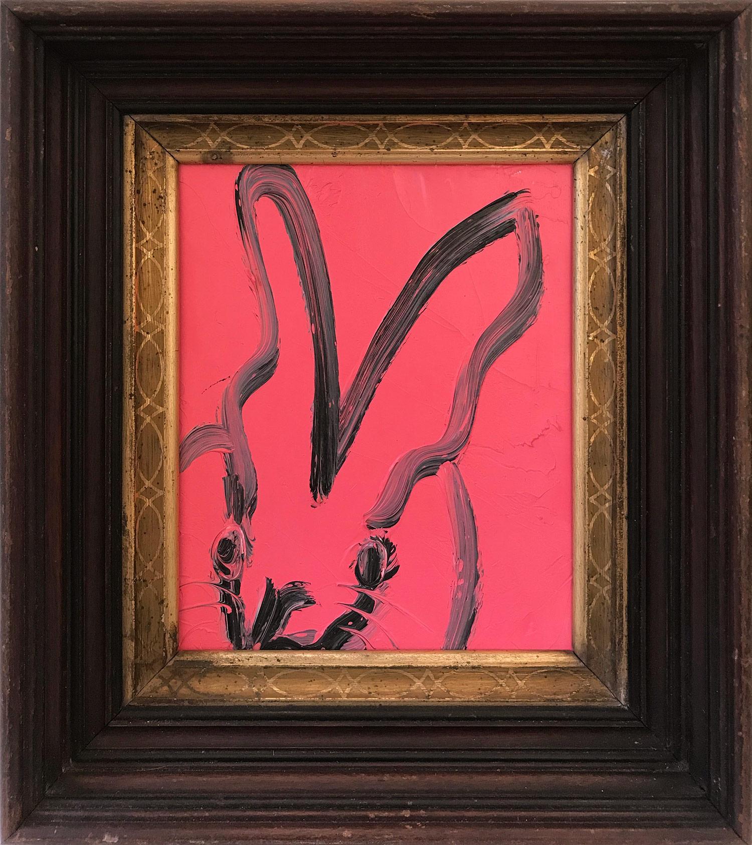 Hunt Slonem Animal Painting - "Untitled (Bunny on Peony Pink)" Oil Painting on Wood Panel
