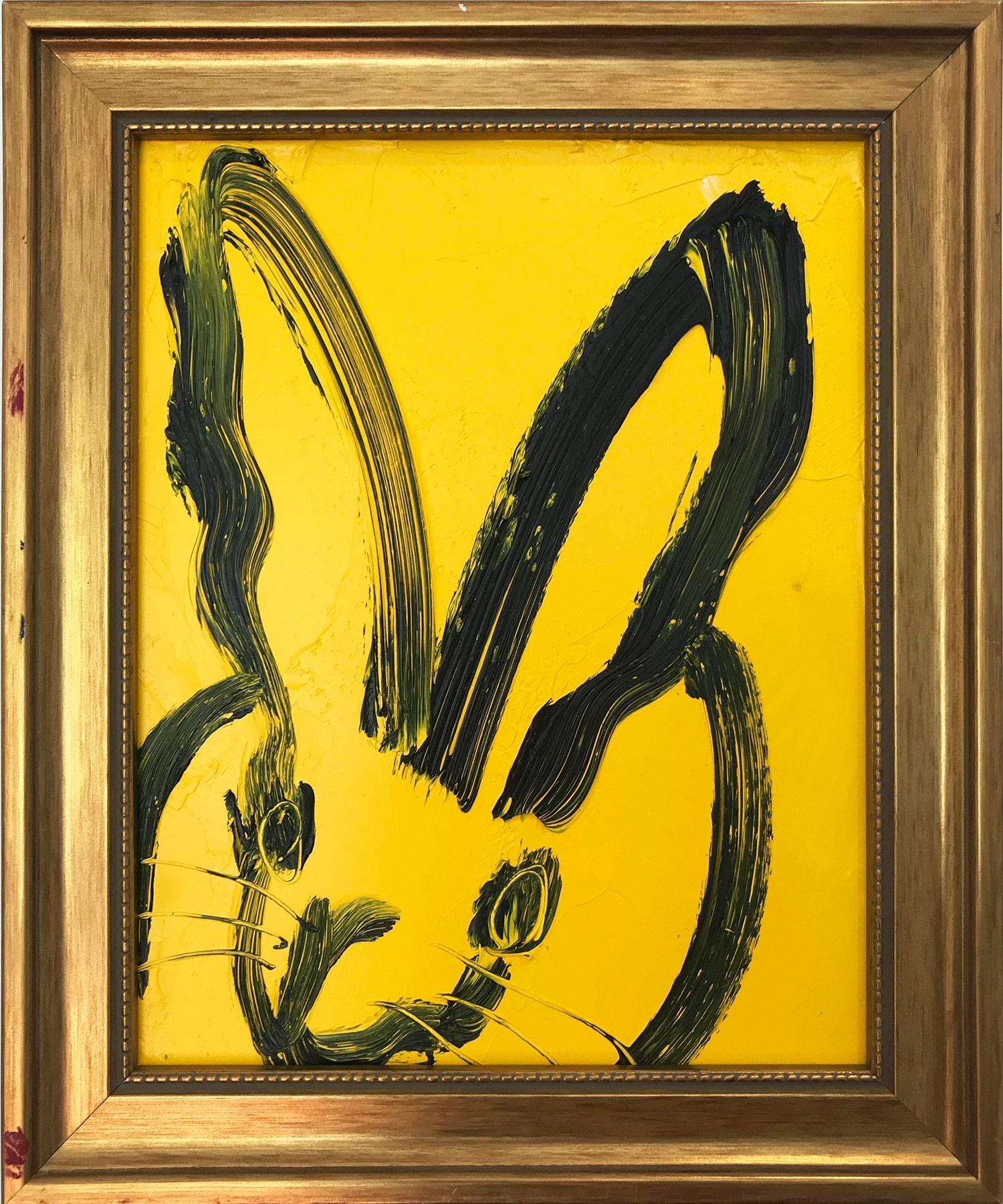 Hunt Slonem Abstract Painting - Untitled (Bunny on Royal Yellow) Oil Painting on Wood Panel