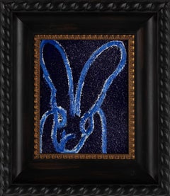 Untitled "Bunny Painting" Blue Original Oil Painting in Black Vintage Frame