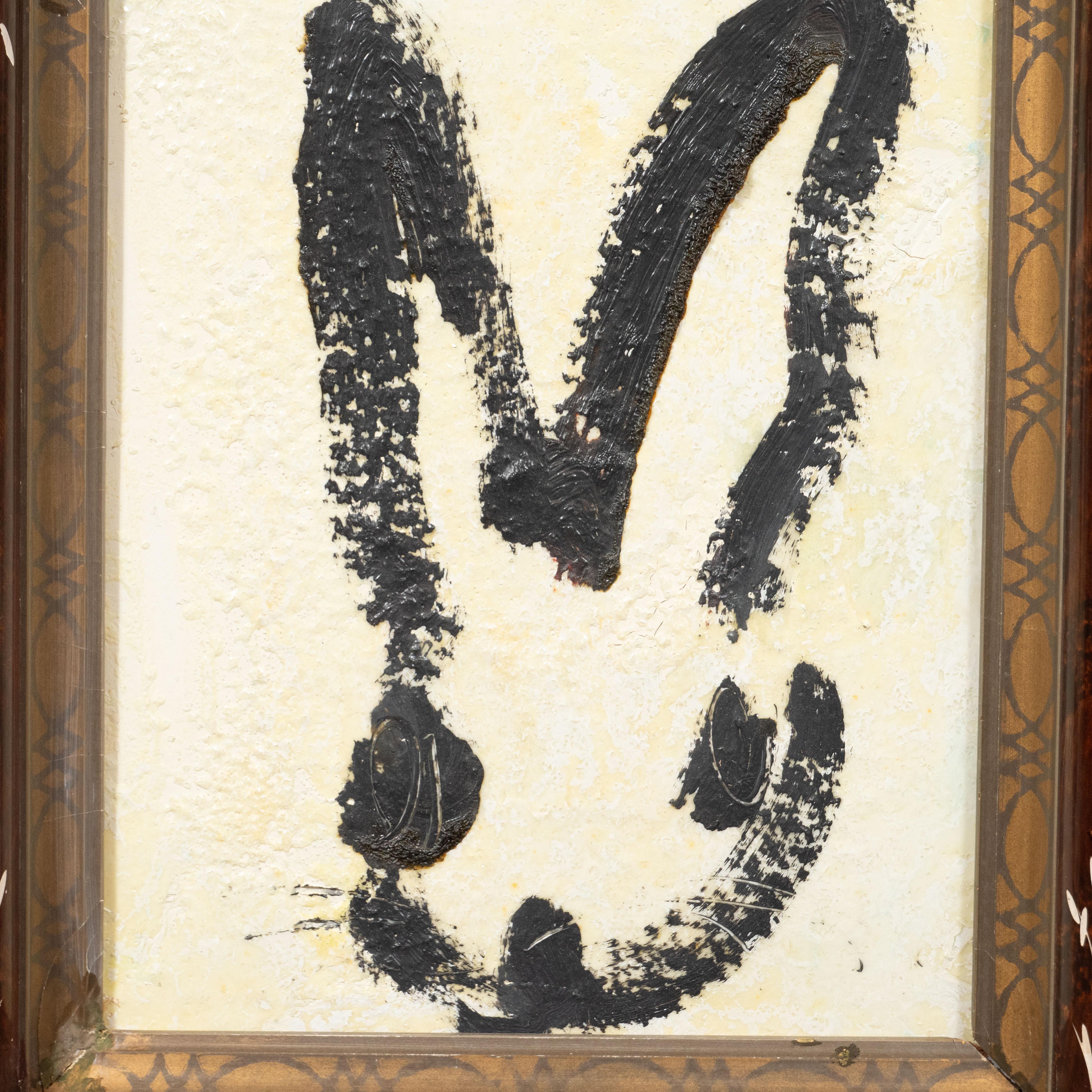 This whimsical and sophisticated painting was realized by the esteemed contemporary painter, Hunt Slonem in 2013. It presents a stylized rabbit in profile, rendered with loose and expressive brush strokes in black and white paint with a sprinkling