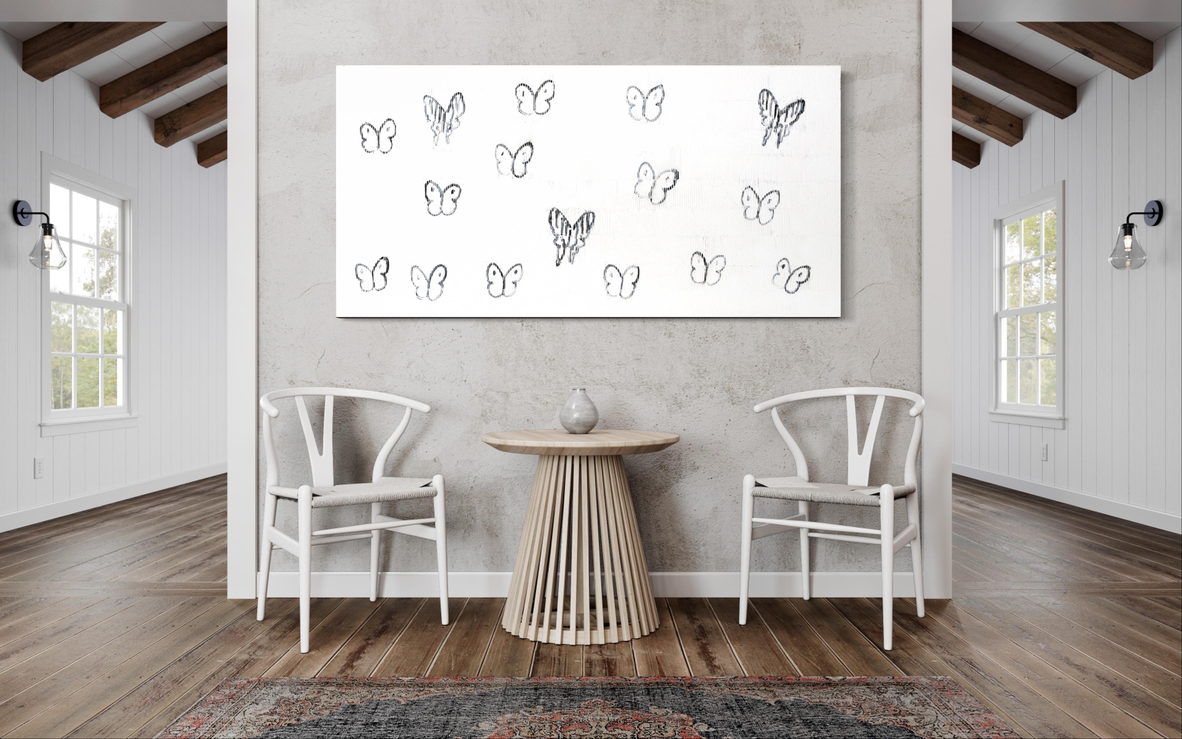 Magnifique peinture à l'huile blanche « Butterfly Painting » sans titre - Gris Figurative Painting par Hunt Slonem