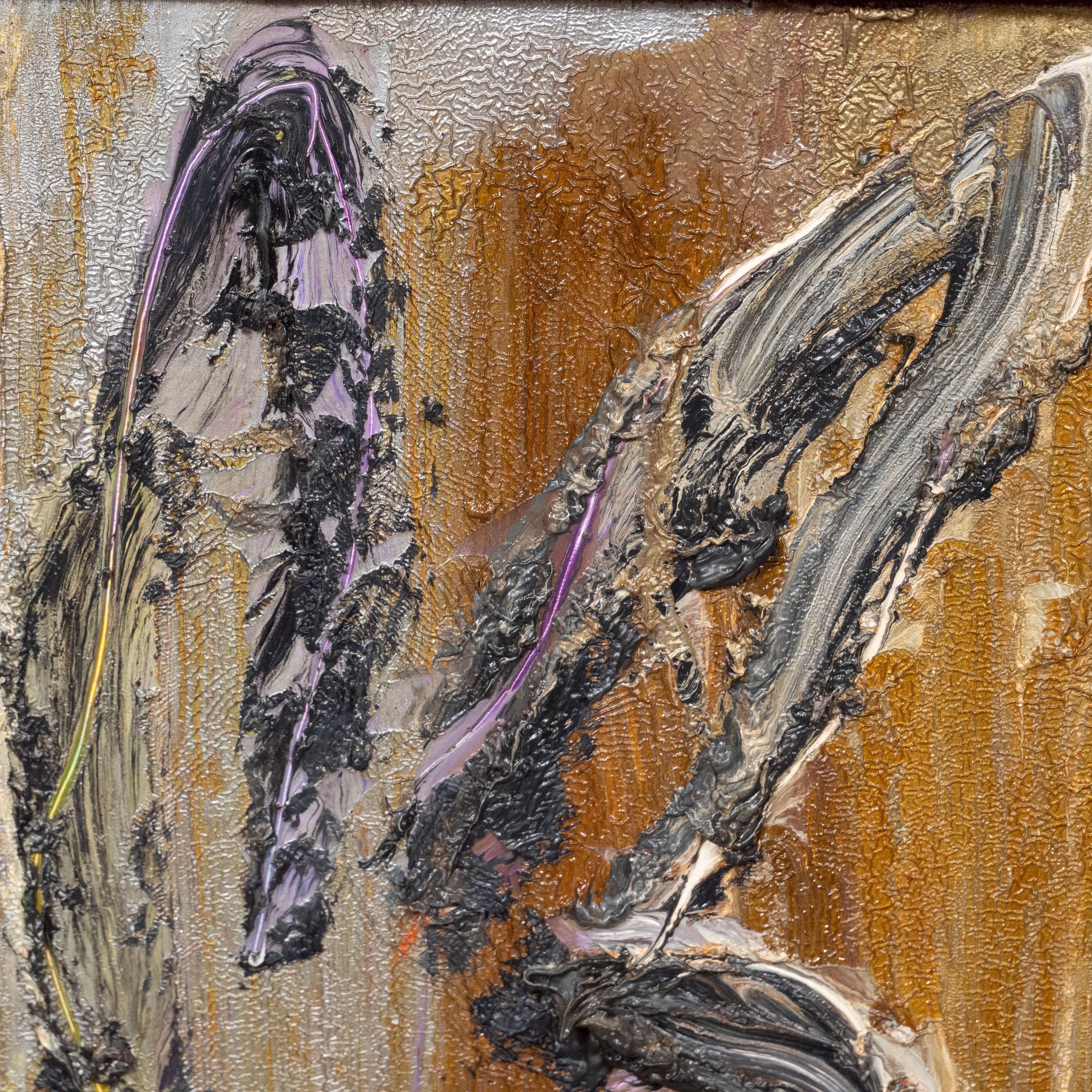 This whimsical and sophisticated painting was realized by the esteemed contemporary painter, Hunt Slonem in 2016. It presents a stylized rabbit in profile, rendered with loose and expressive brush strokes in heavily impasto black paint with lavender