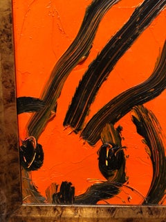 Black and Orange Bunny, Antique Frame, Original Oil Painting