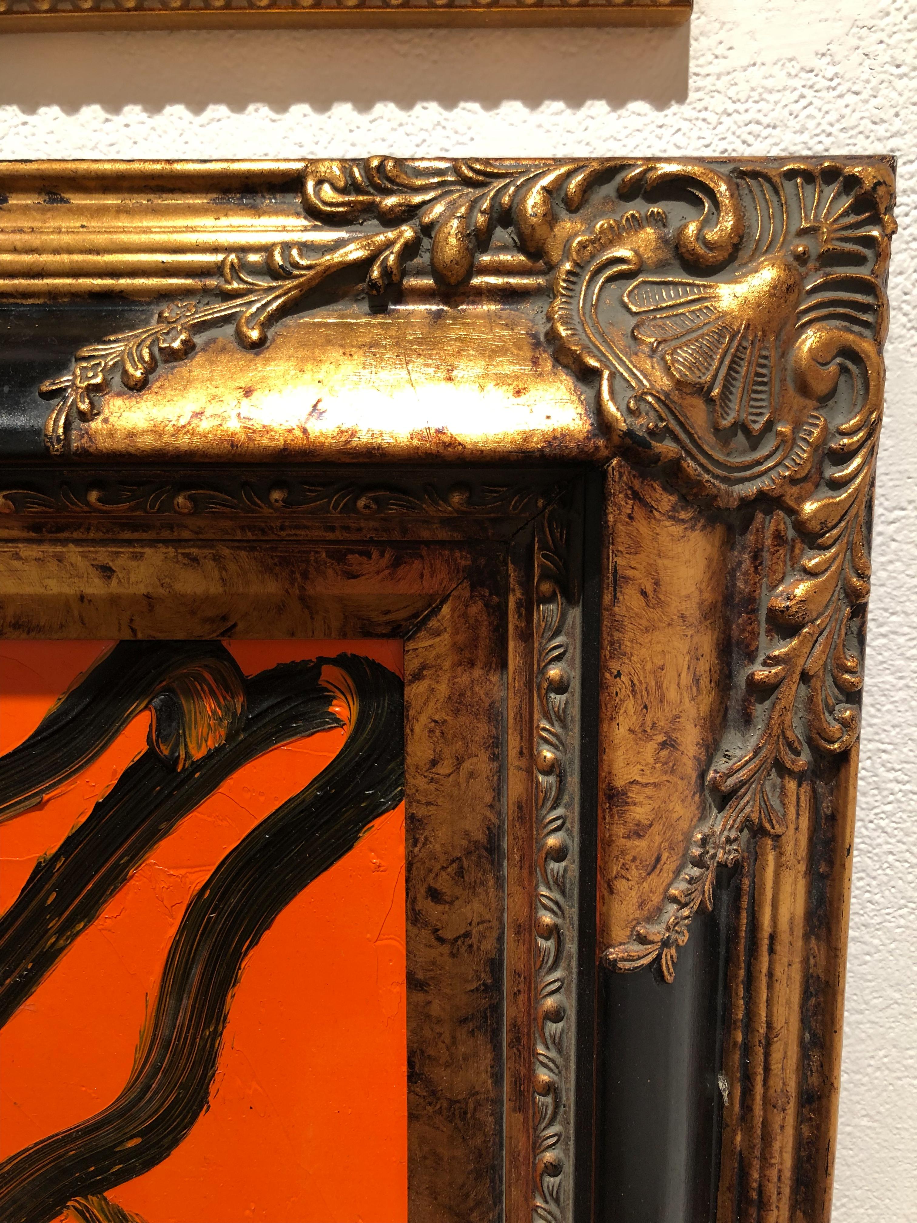 Black and Orange Bunny, Antique Frame, Original Oil Painting For Sale 1