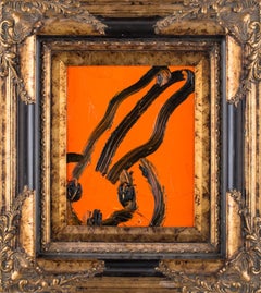 Black and Orange Bunny, Antique Frame, Original Oil Painting