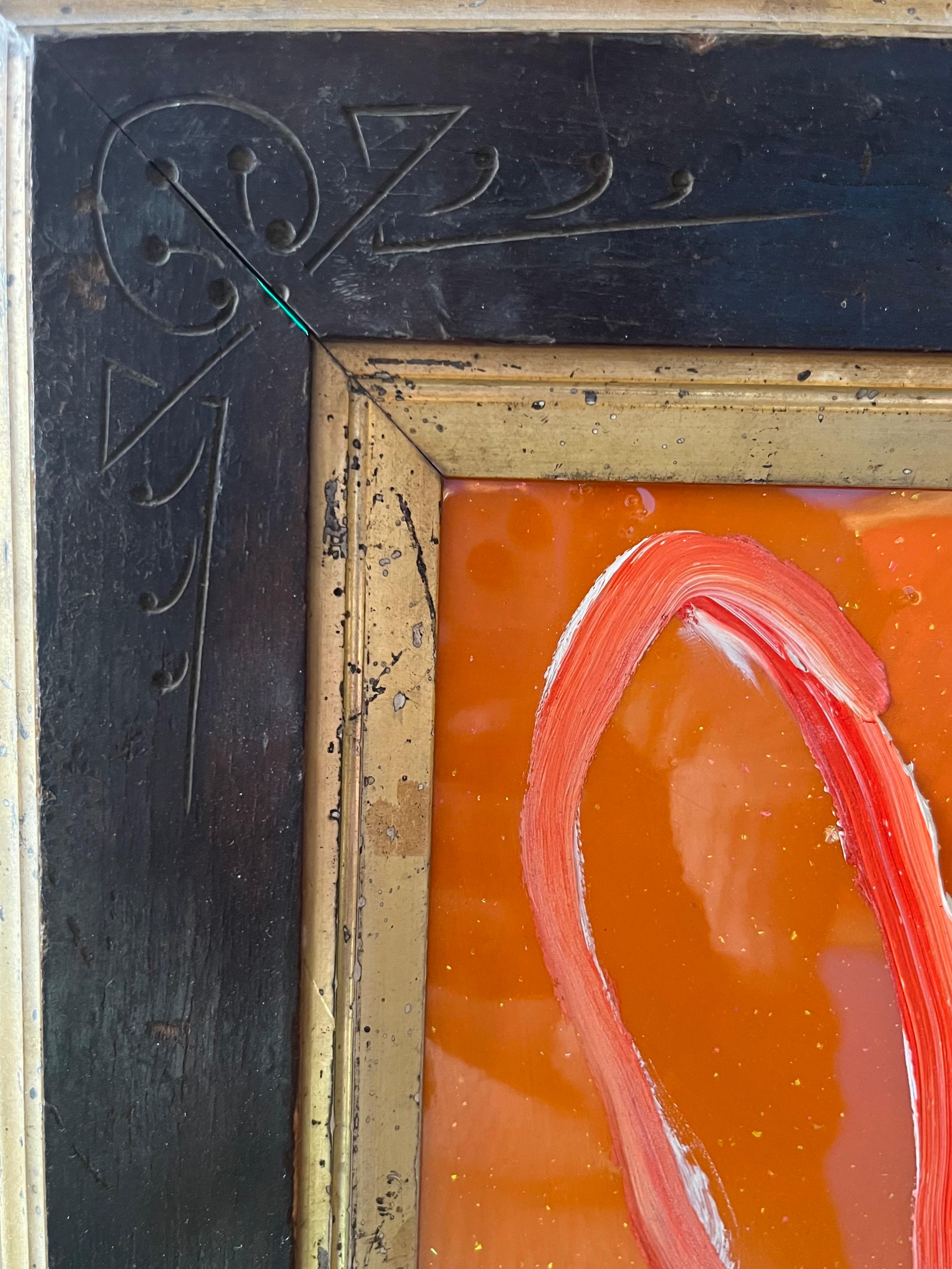 A lovely portrait by Hunt Slonem, featuring a bright orange linear depiction of a rabbit. This particular work is coated in resin epoxy, making the background lacquered and eye-catching. This work is finished with a vintage frame, with lovely