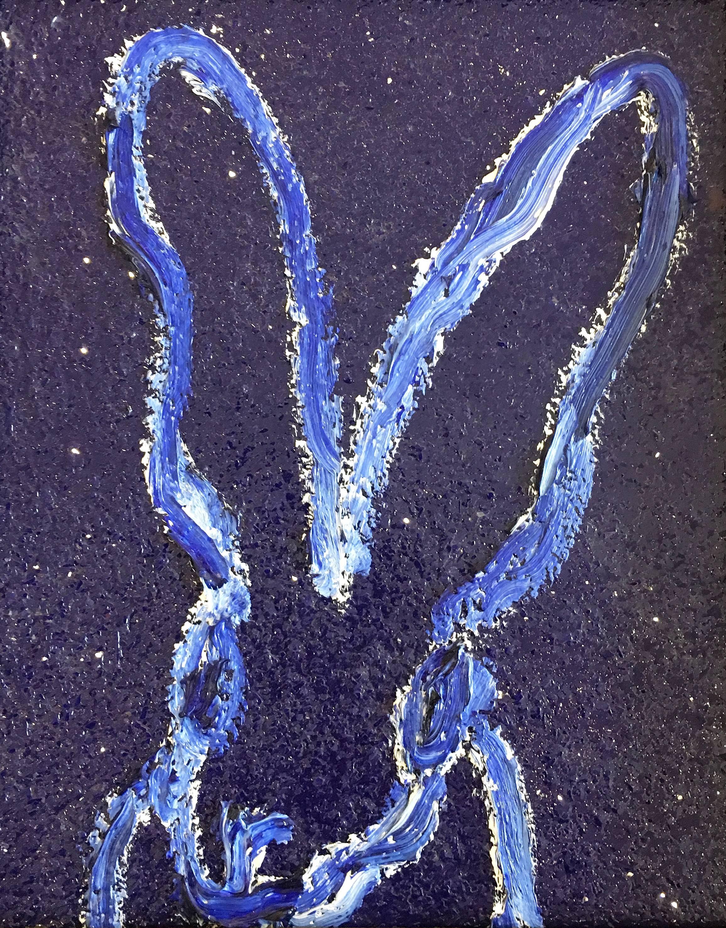 'Untitled' 2017 by renowned New York City artist, Hunt Slonem. Oil, acrylic, and diamond dust on wood, 11 x 9 in. This painting features a charming portrait of a bunny outlined in white and blue. The background is painted in a deep blue color with