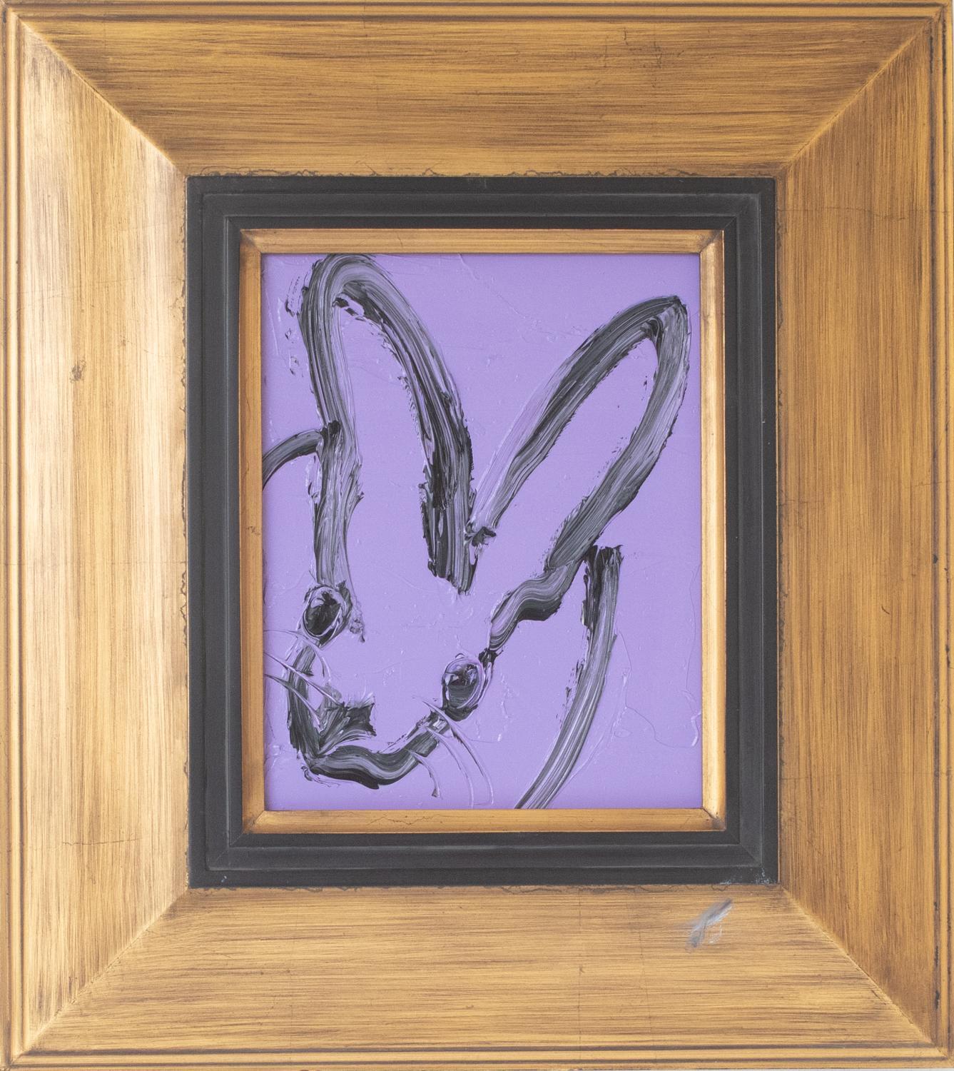 This black gestural bunny on lavender in vintage frame, is part of Hunt Slonem's famous bunny series. These layered, and thickly painted smaller pieces exemplify his vivid and exuberant style and color palate. 
New York painter, Hunt Slonem is best