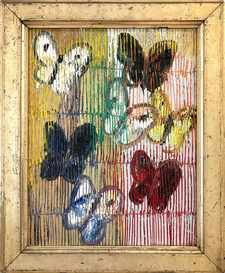 Hunt Slonem Abstract Painting - "Untitled" Multicolor Butterflies on Gold and Silver Background with Scoring 