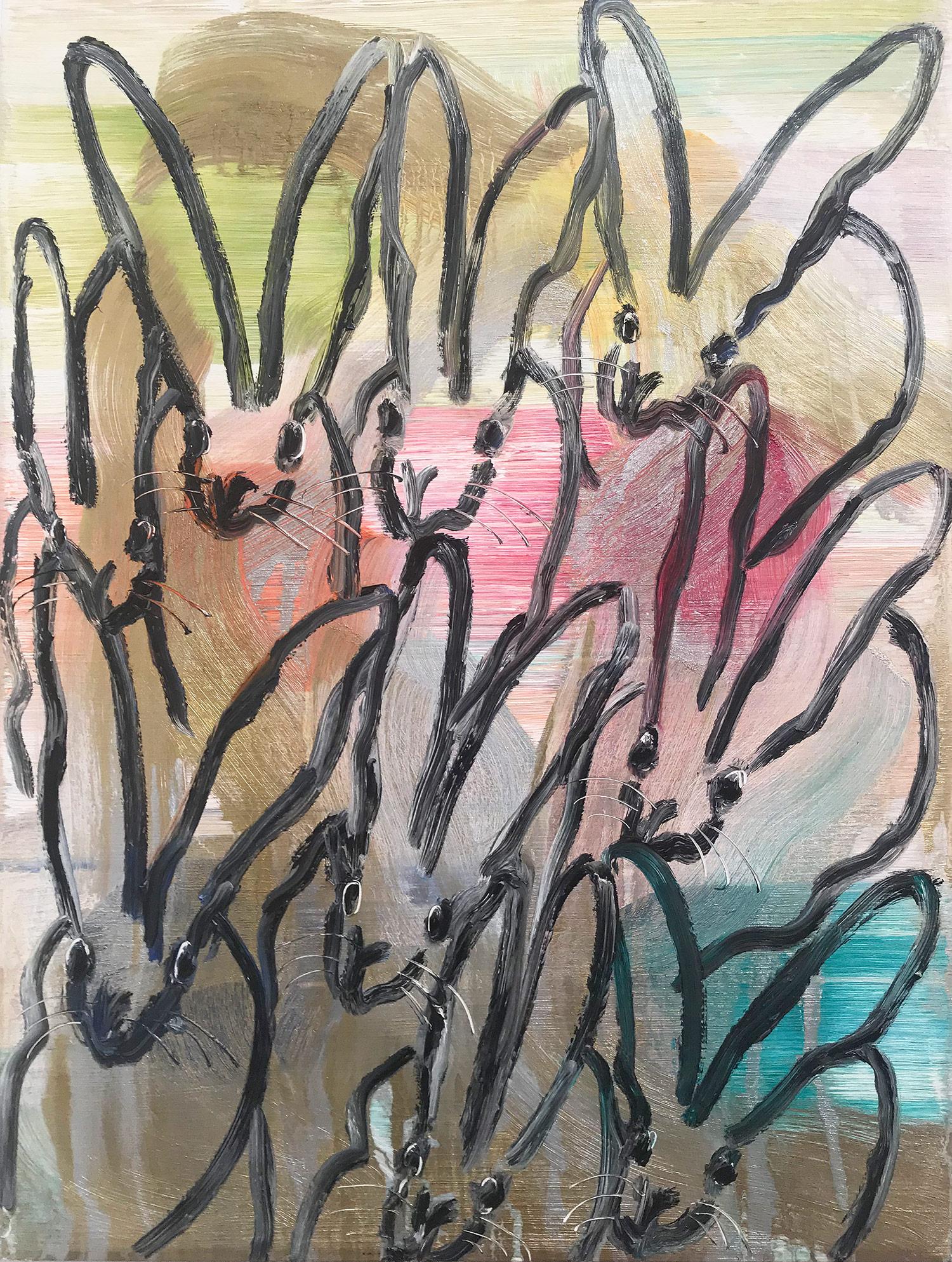 Hunt Slonem Abstract Painting - "Untitled (Multicolored Bunnies on Gold and Silver Background)" Oil on Canvas
