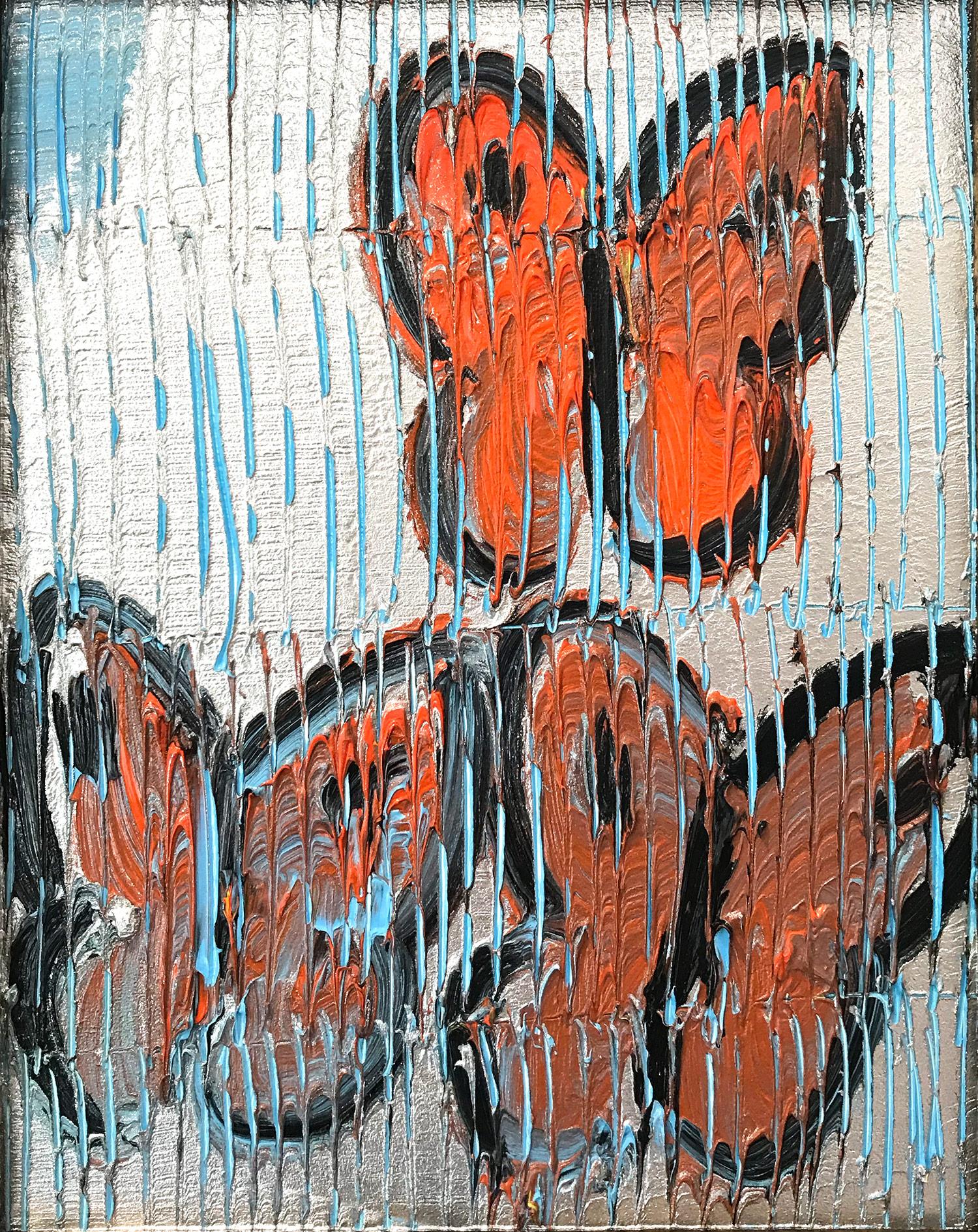 Untitled (Orange Butterflies on Silver Background Scoring) Oil on Wood Panel - Painting by Hunt Slonem