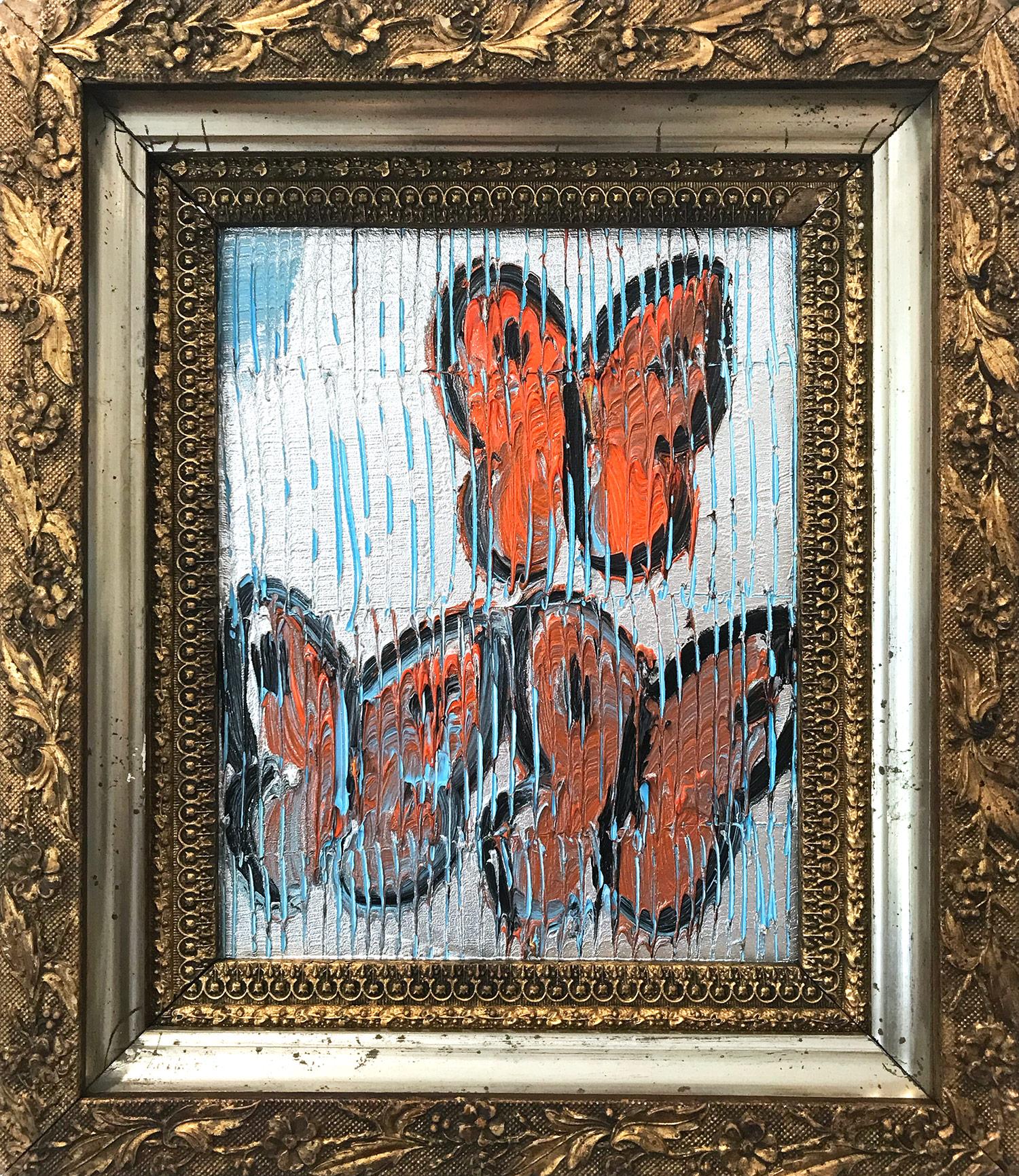 Hunt Slonem Abstract Painting - Untitled (Orange Butterflies on Silver Background Scoring) Oil on Wood Panel