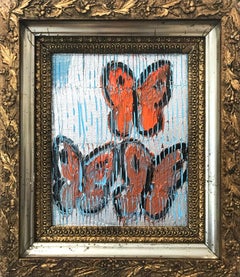 Untitled (Orange Butterflies on Silver Background Scoring) Oil on Wood Panel