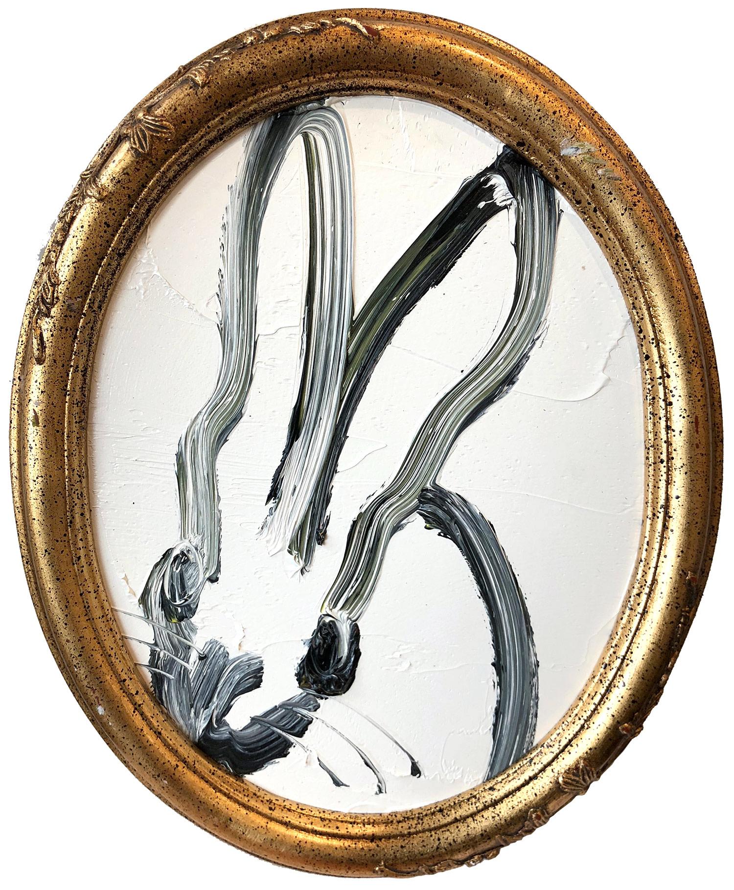 Hunt Slonem Animal Painting - "Untitled (Oval Bunny on White)" Oil Painting on Wood Panel