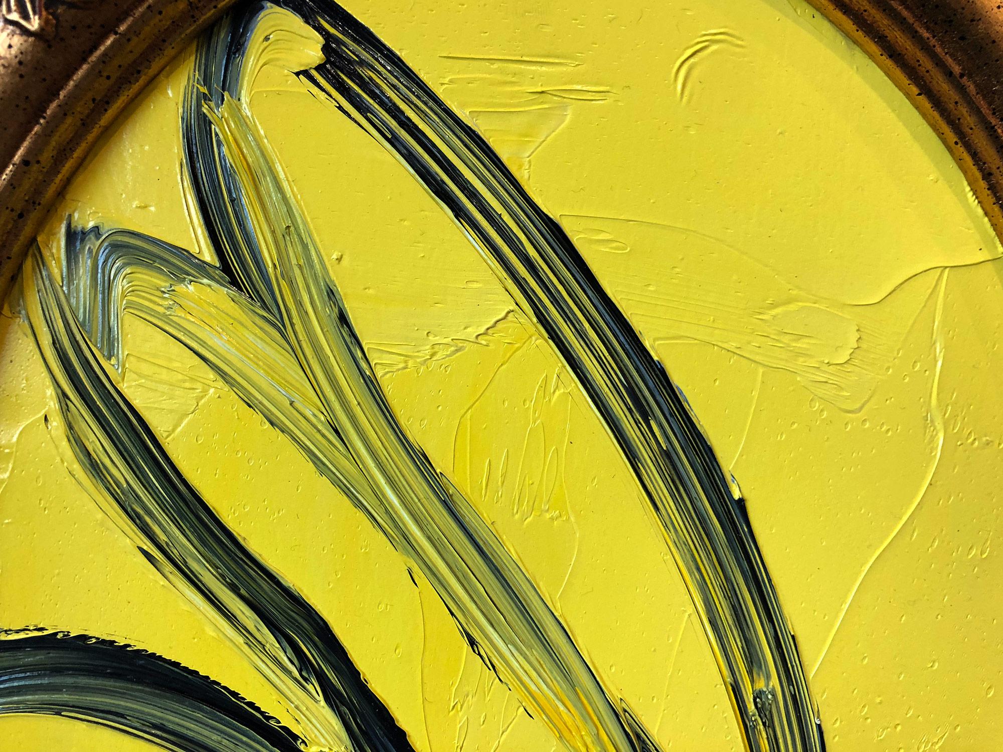A wonderful composition of one of Slonem's most iconic subjects, Bunnies. This piece depicts a gestural figure of a black bunny on a yellow background with thick use of paint. It is housed in a wonderful oval frame. Inspired by nature and a genuine