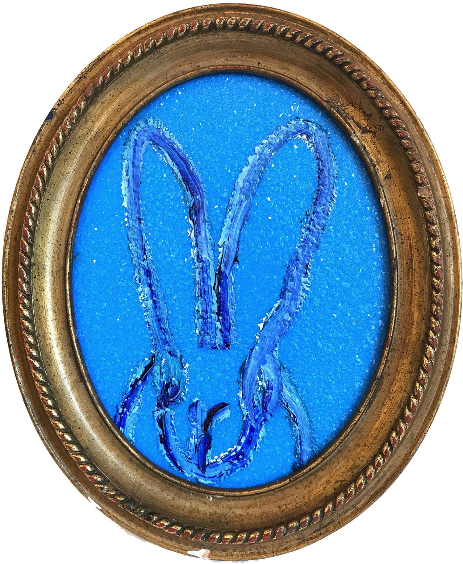 Hunt Slonem Animal Painting - "Untitled (Oval Diamond Bunny on Magnetic Blue)" Oil Painting on Wood Panel