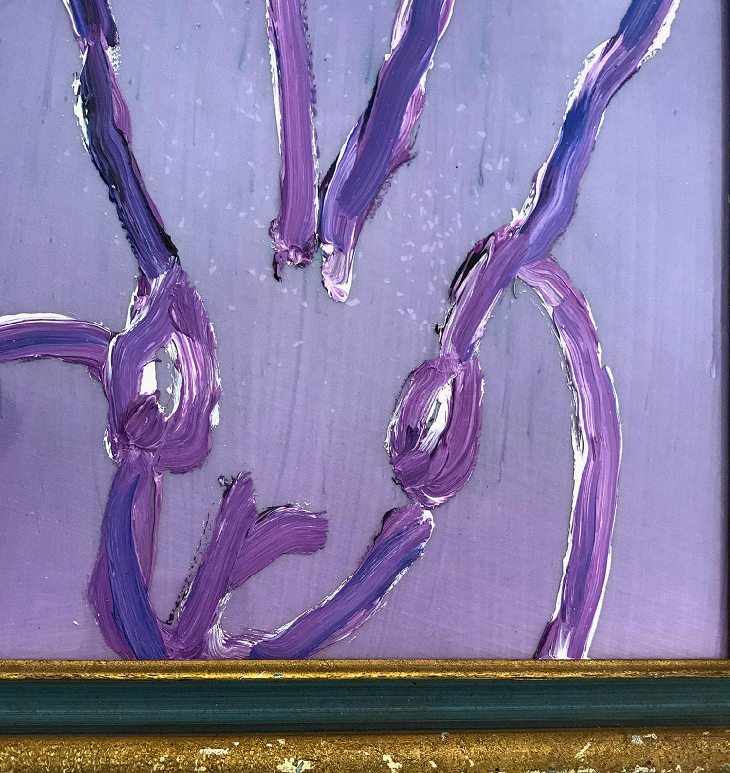 A wonderful composition of one of Slonem's most iconic subjects, Bunnies. This piece depicts a gestural figure of a dark purple bunny on resin purple pearl background with thick use of paint. It is housed in a wonderful antique 19th Century frame.