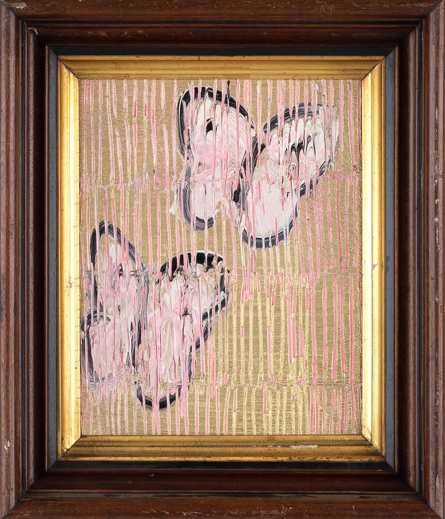 Hunt Slonem Animal Painting - "Untitled (Pink Butterflies on Metallic Gold Surface, Pink Ascension) Oil Paint