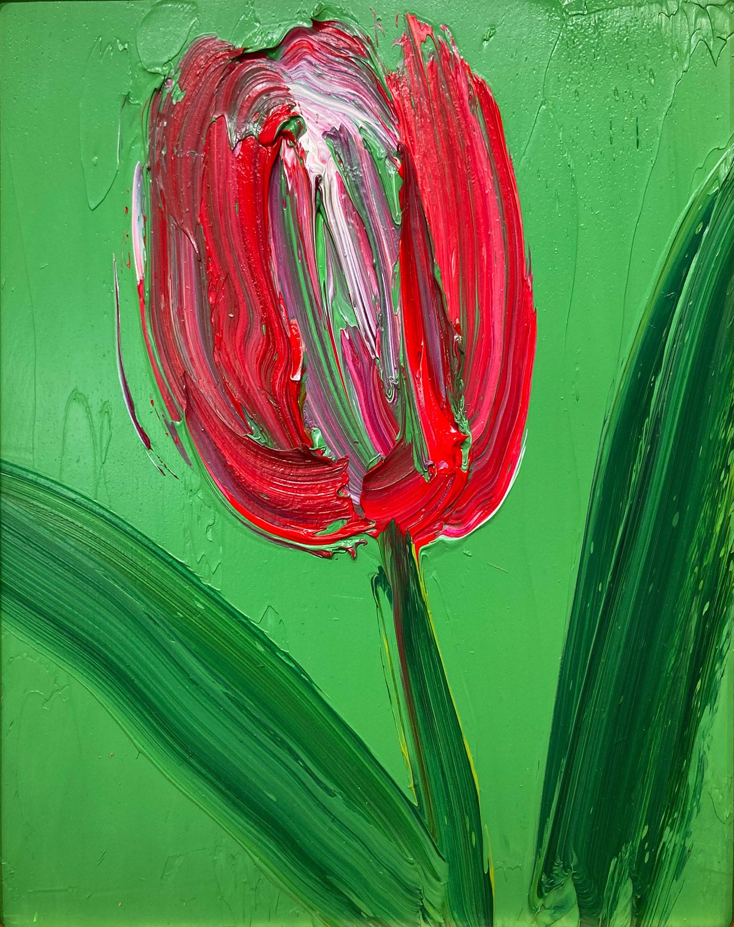 A wonderful composition of one of Slonem's newest series, Tulips. This piece depicts gestural figure of a red and white Tulip on a forest green background with thick use of paint. Inspired by nature and a genuine love for animals, Slonem's paintings