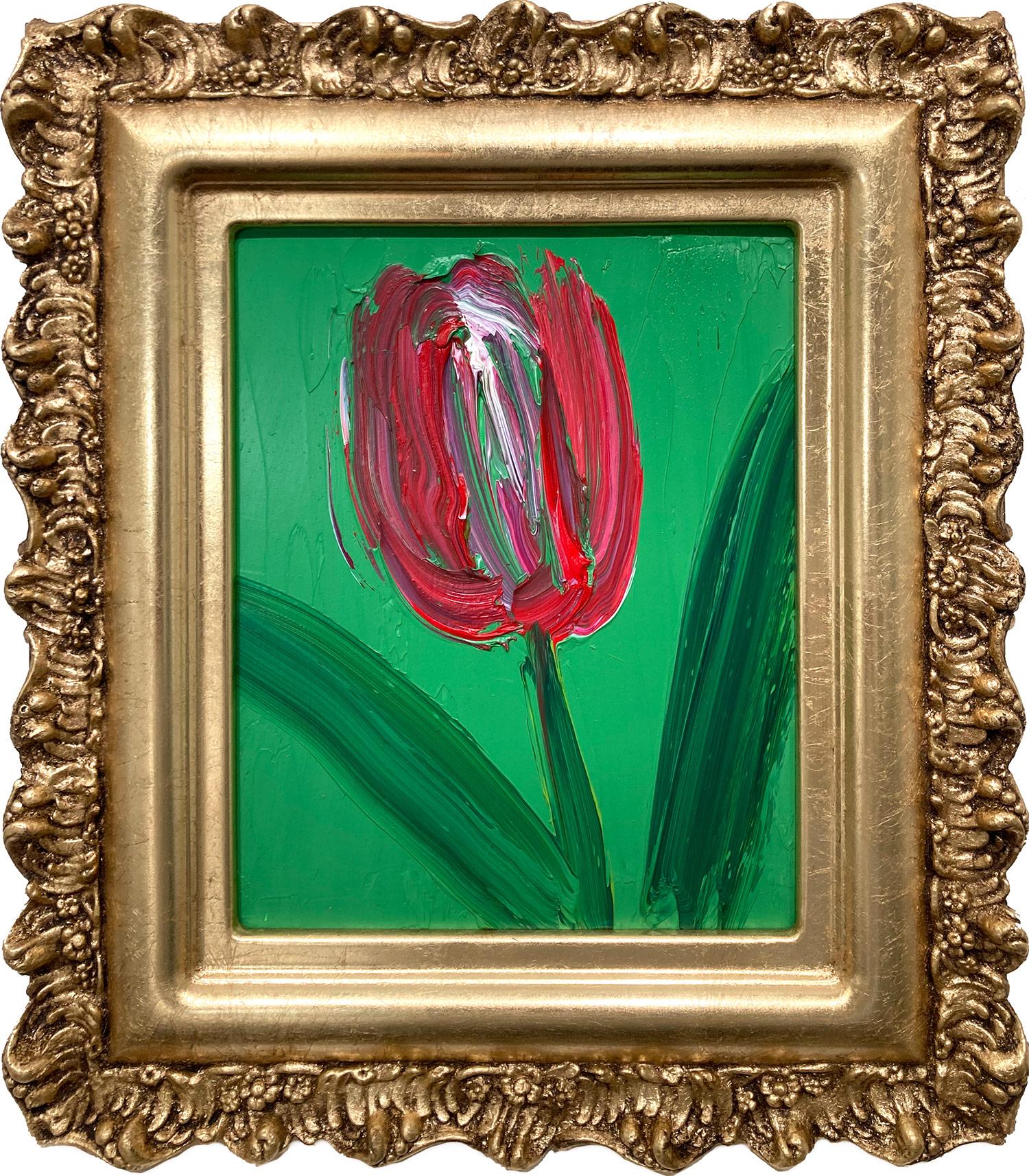 "Untitled" Tulipe rouge et blanche sur fond vert forêt, peinture à l'huile encadrée